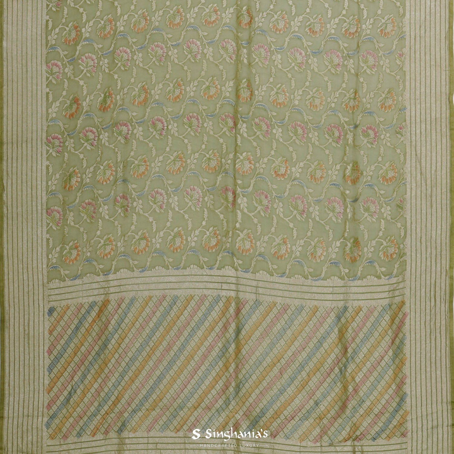 Dark Olive Green Tissue Saree With Banarasi Weaving