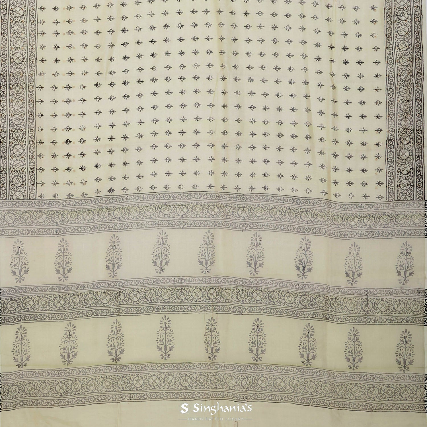Acadia White Printed Linen Saree With Floral Butti Pattern