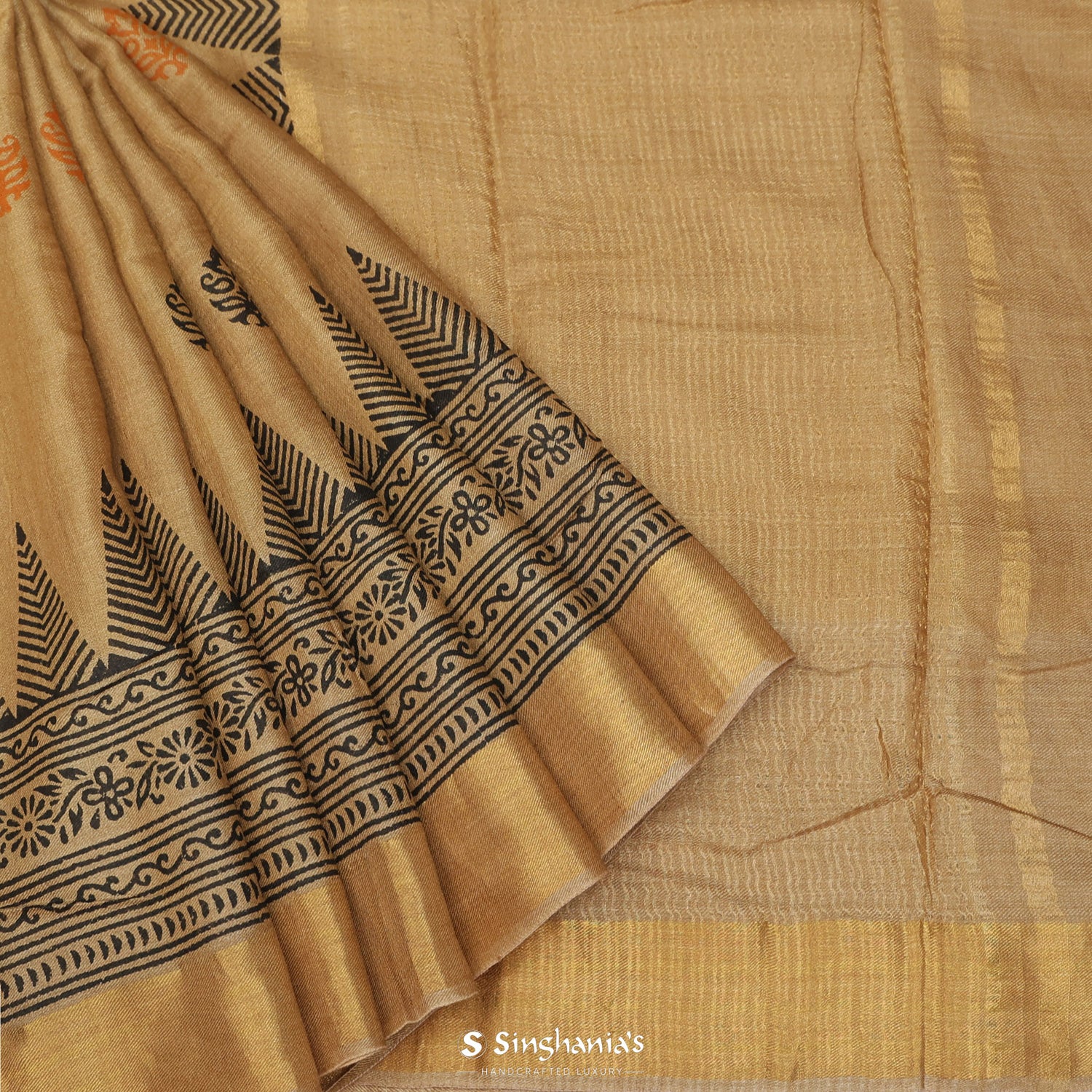 Ginger Ale Brown Printed Tissue Saree With Floral Pattern