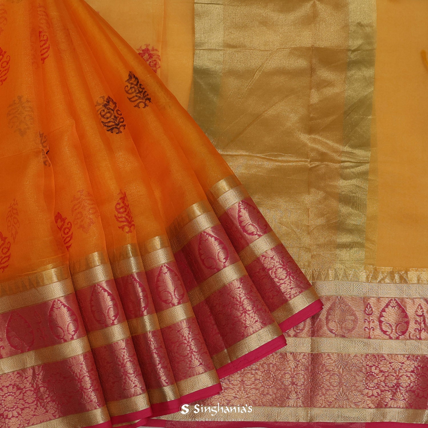 Radiant Yellow Printed Tissue Saree With Floral Butti Pattern