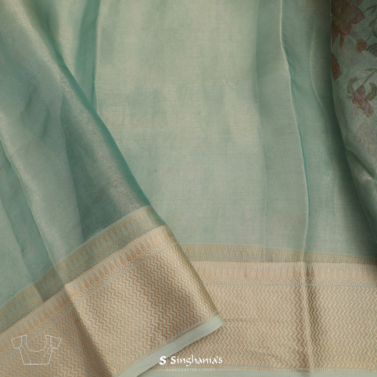 Light Aero Blue Printed Tissue Saree With Floral Pattern