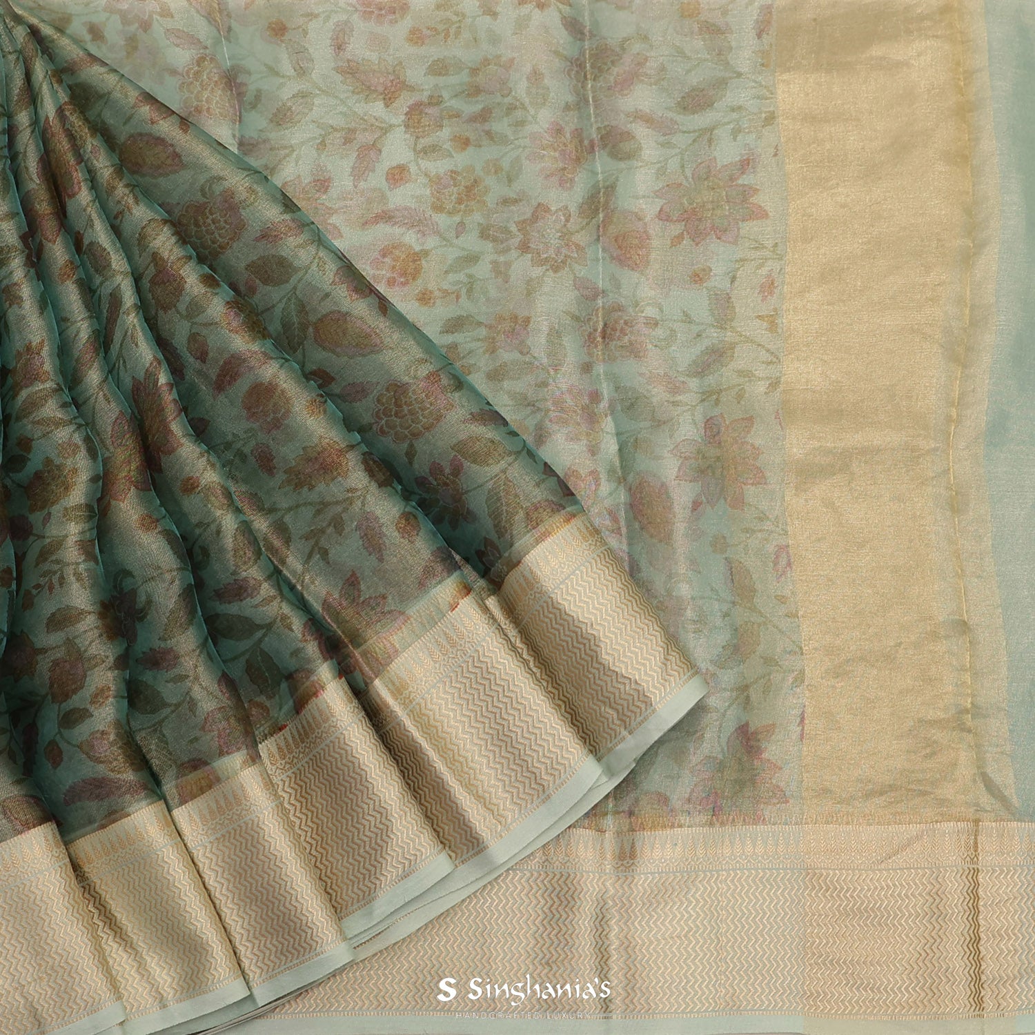 Light Aero Blue Printed Tissue Saree With Floral Pattern
