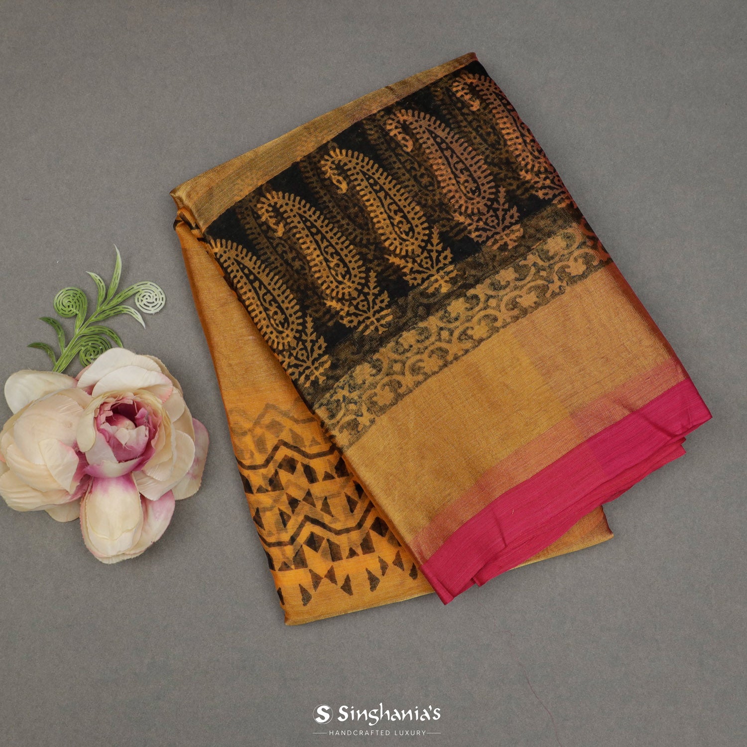 Mineral Yellow Printed Tissue Saree With Floral Paisley Pattern