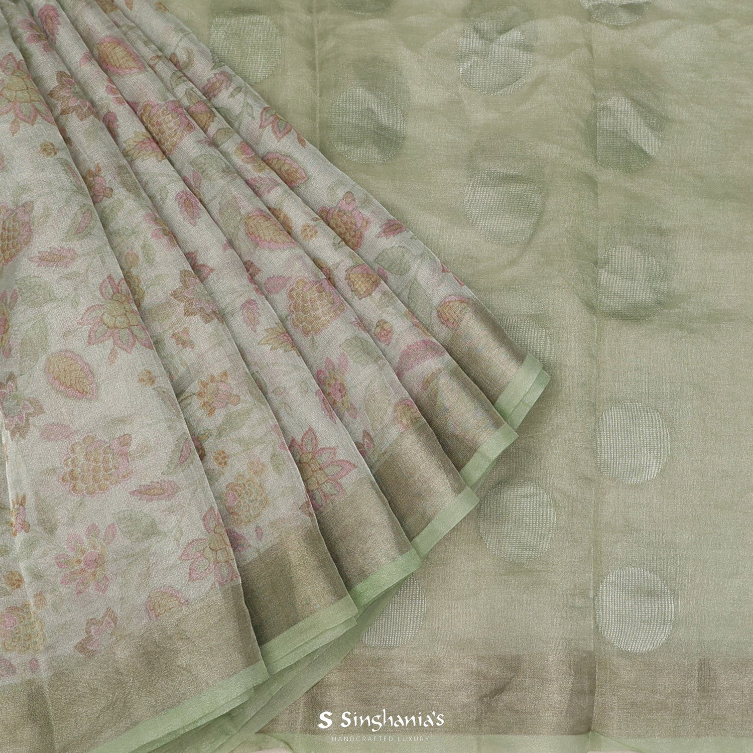 Nyanza Green Printed Tissue Saree With Floral Pattern