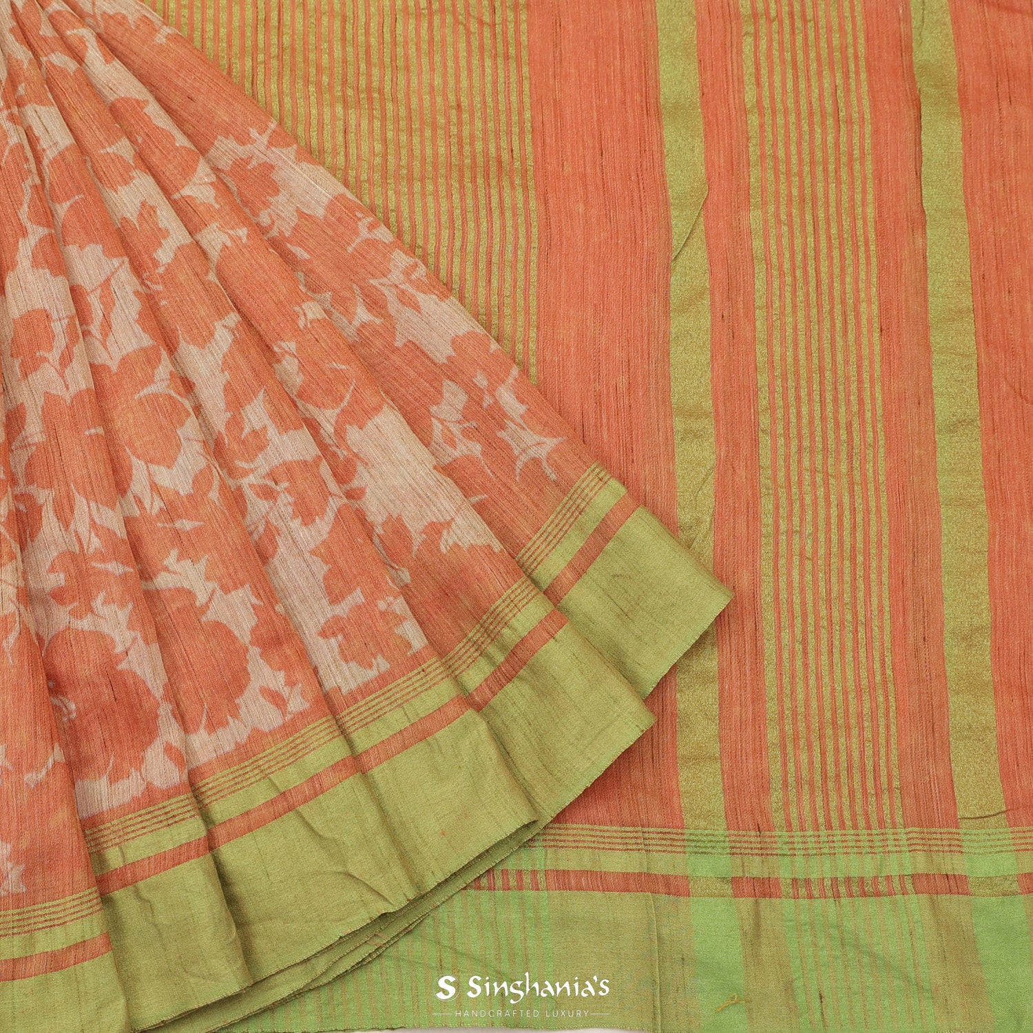 Beige Printed Dupion Saree With Floral Pattern