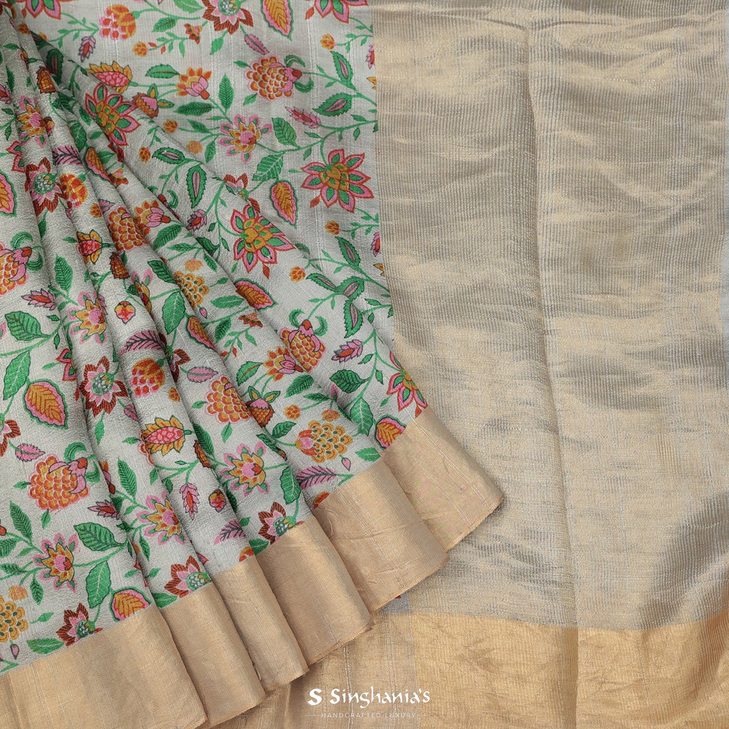 Stone Eagle Gray Printed Dupion Saree With Floral Pattern