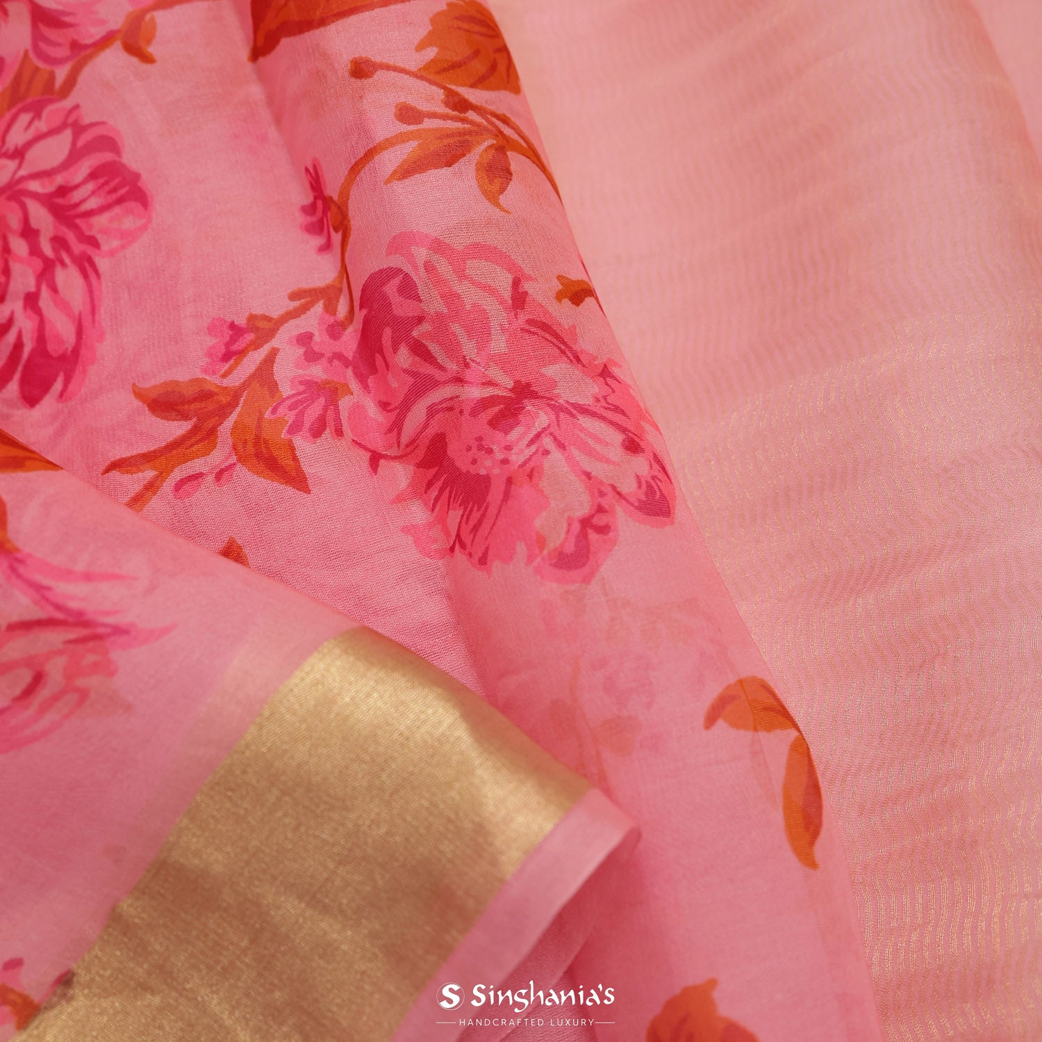 Brink Pink Printed Organza Saree With Floral Pattern