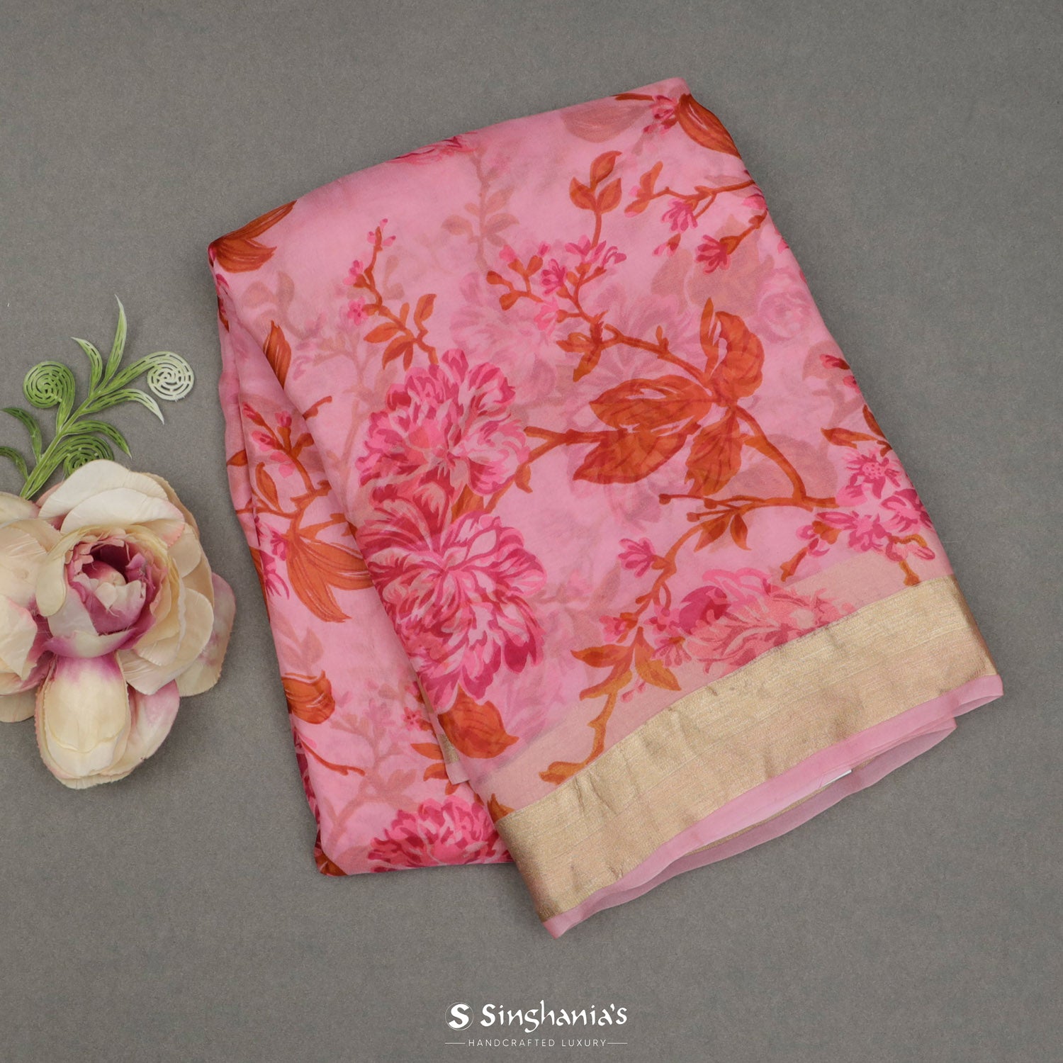 Brink Pink Printed Organza Saree With Floral Pattern