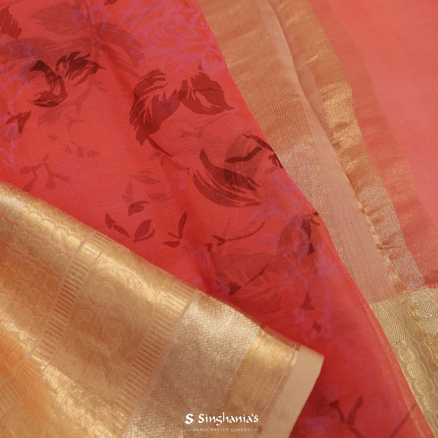 Bright Jelly Bean Red Printed Organza Saree With Floral Pattern