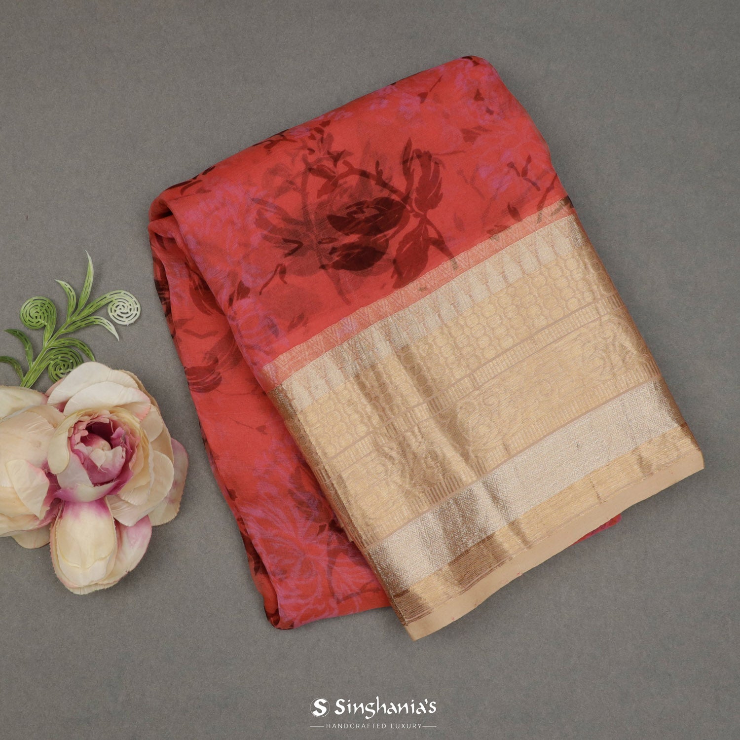 Bright Jelly Bean Red Printed Organza Saree With Floral Pattern