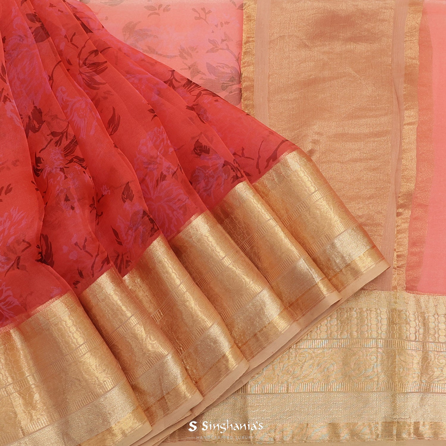 Bright Jelly Bean Red Printed Organza Saree With Floral Pattern