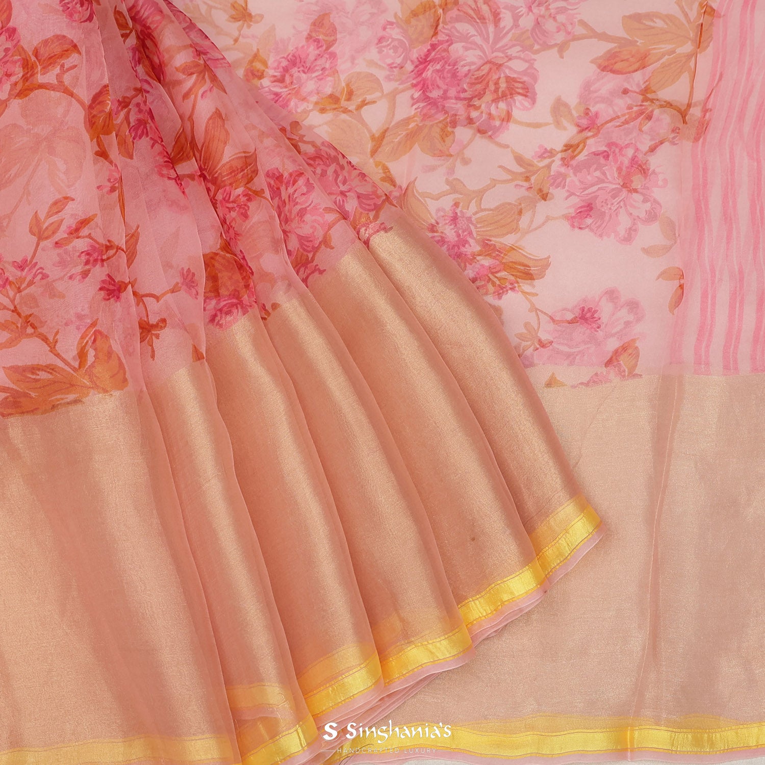 Sweet Pink Printed Organza Saree With Floral Pattern
