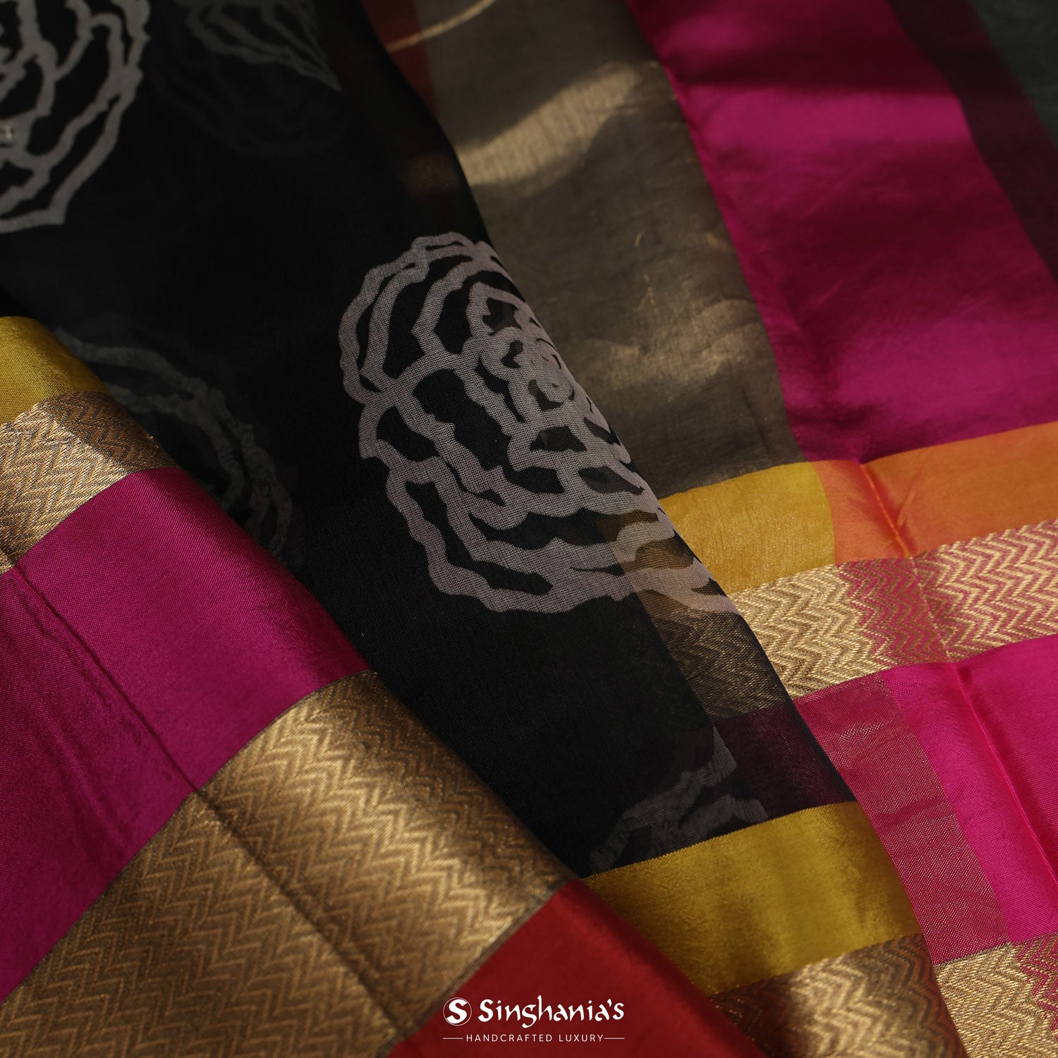 Tech Black Printed Organza Saree With Floral Butti Pattern