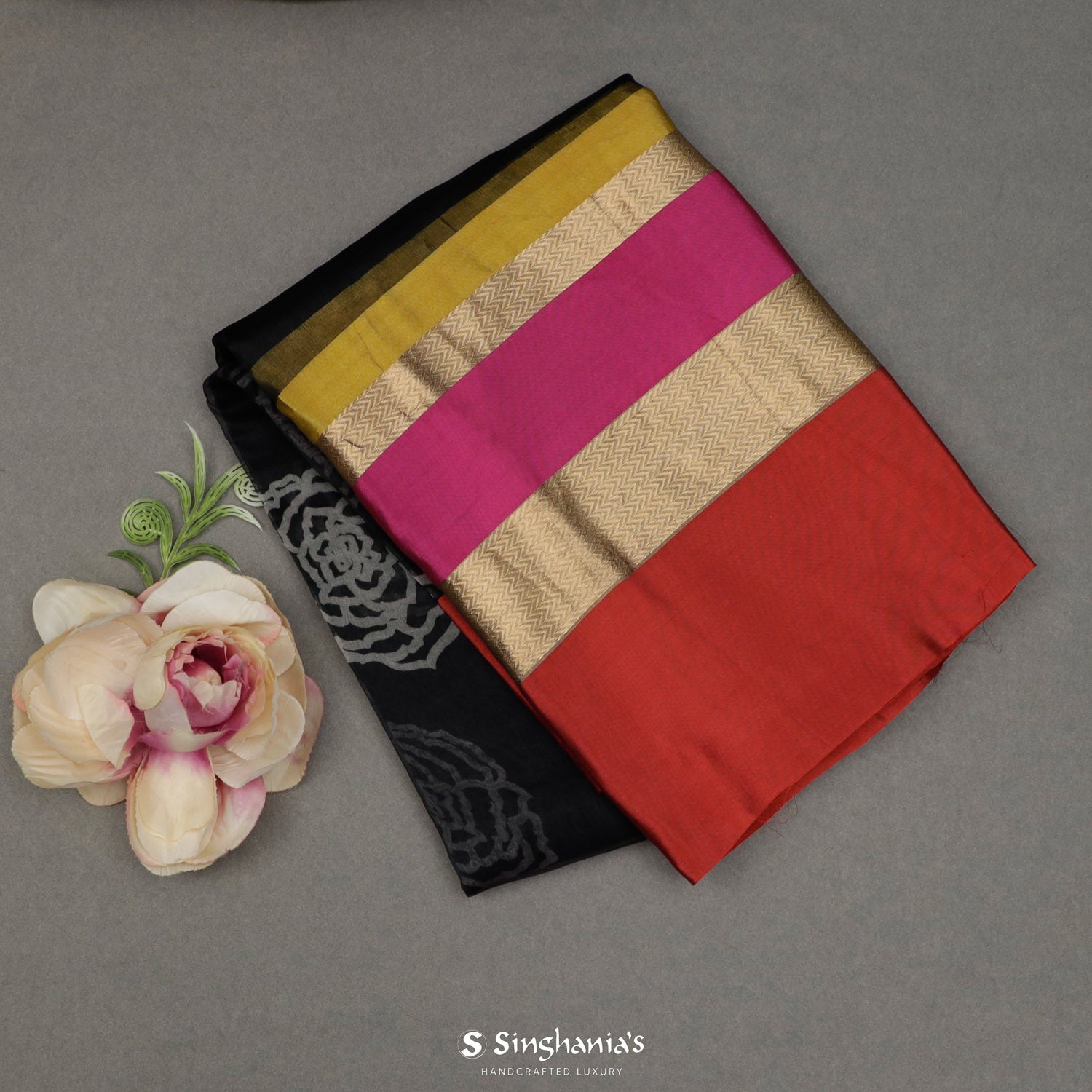 Tech Black Printed Organza Saree With Floral Butti Pattern