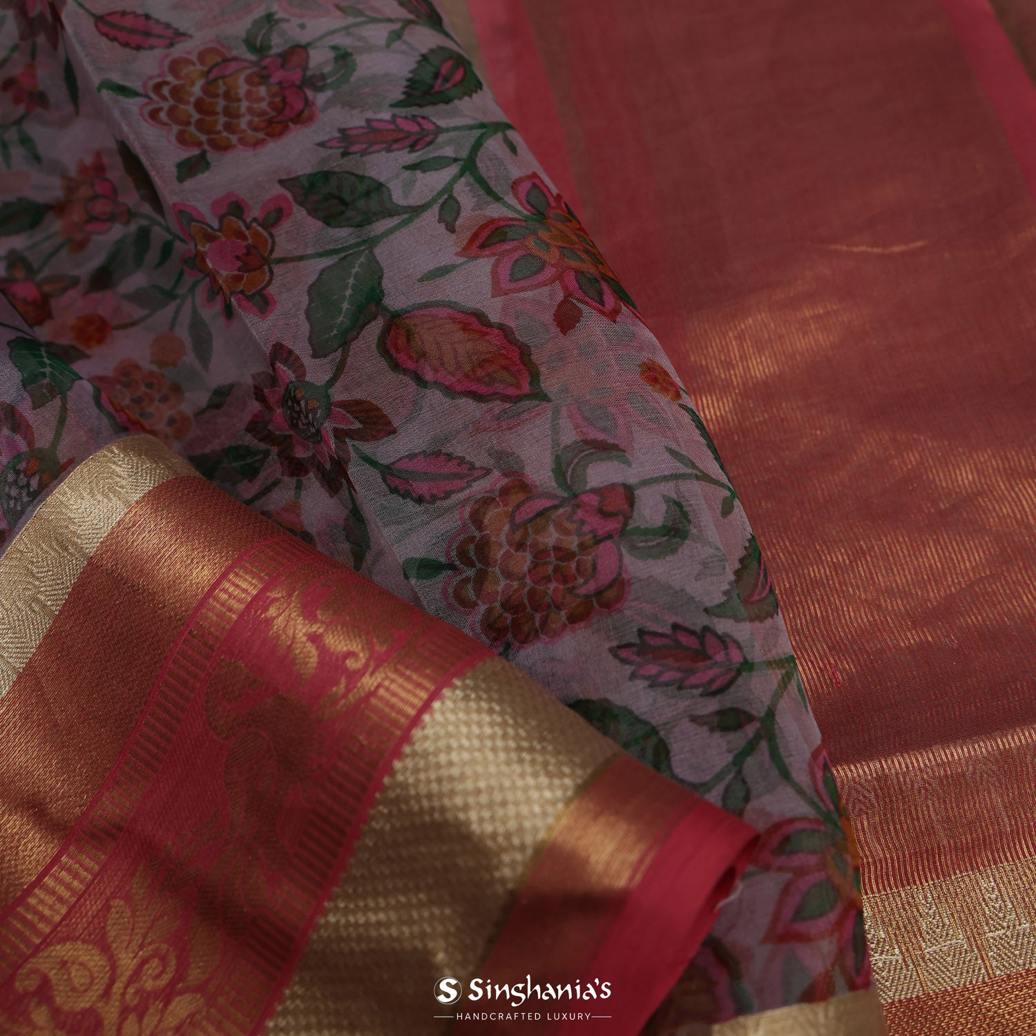 Coin Gray Printed Organza Saree With Floral Pattern