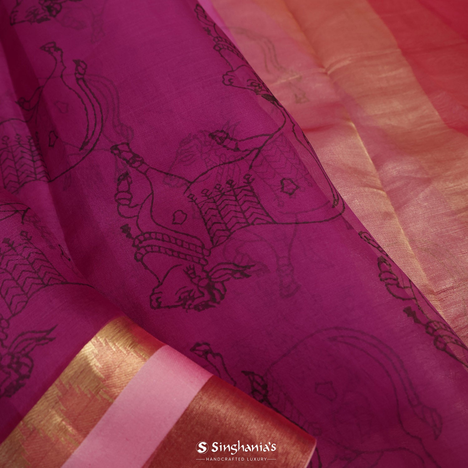 Fandango Purple Printed Organza Saree With Pichwai Pattern