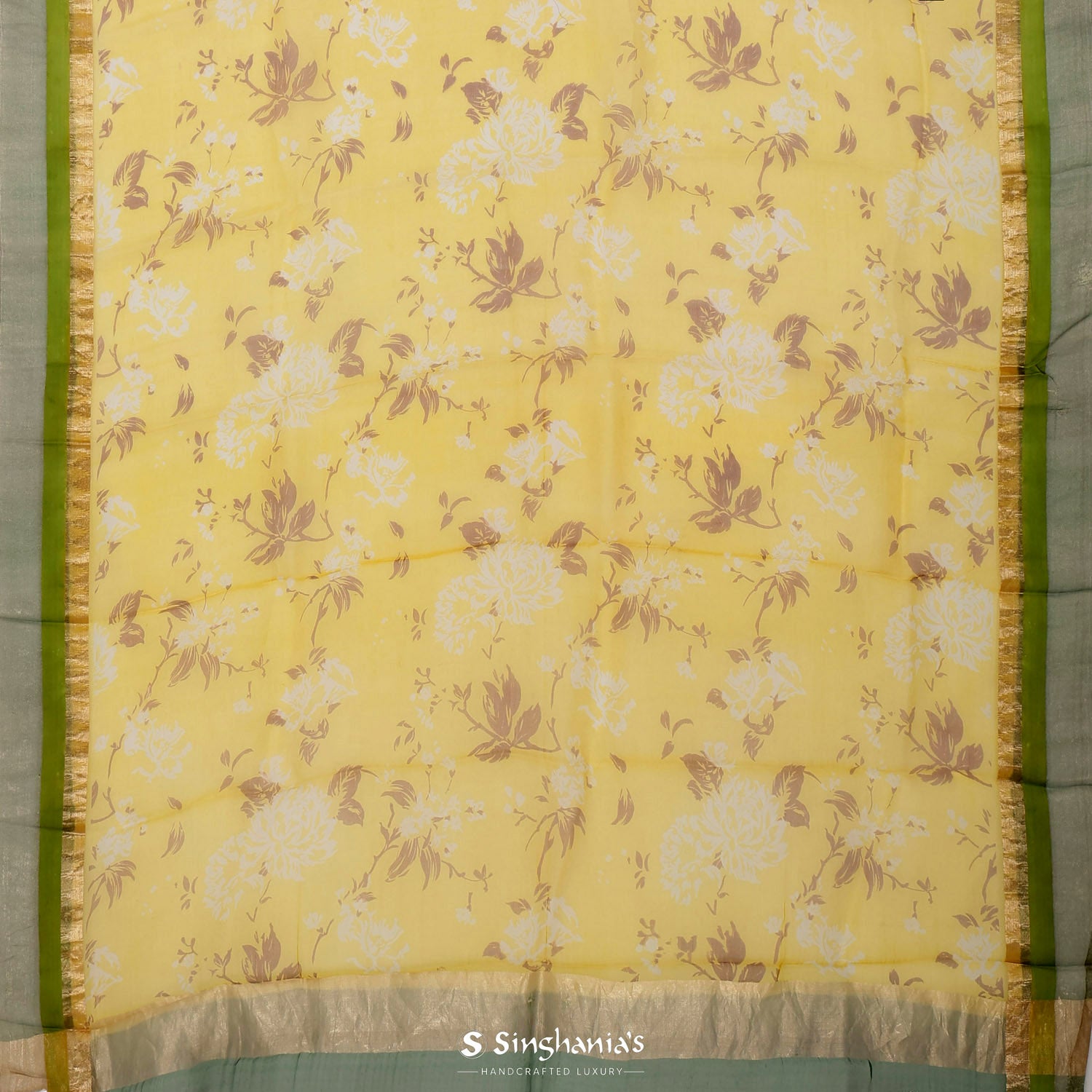 Deep Yellow Printed Organza Saree With Floral Pattern