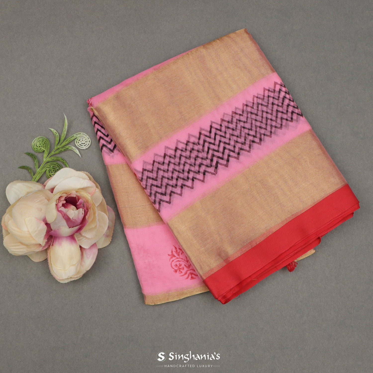 Schauss Pink Printed Organza Saree With Floral Butti Pattern