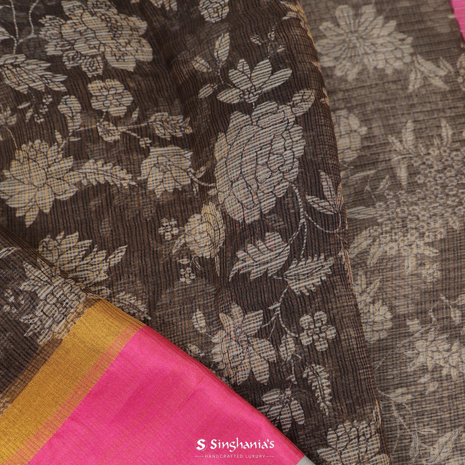 Kurotobi Black Printed Kota Silk Saree With Floral Pattern