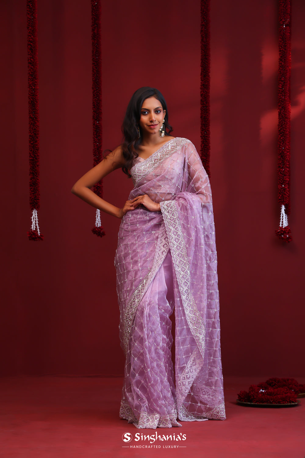 Periwinkle Purple Organza Saree With Hand Embroidery