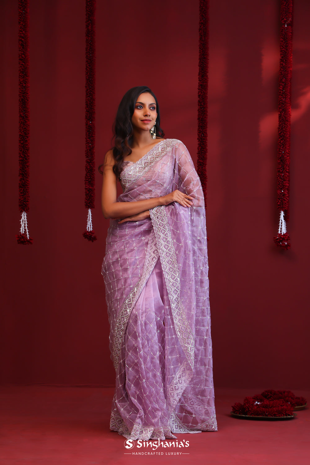 Periwinkle Purple Organza Saree With Hand Embroidery