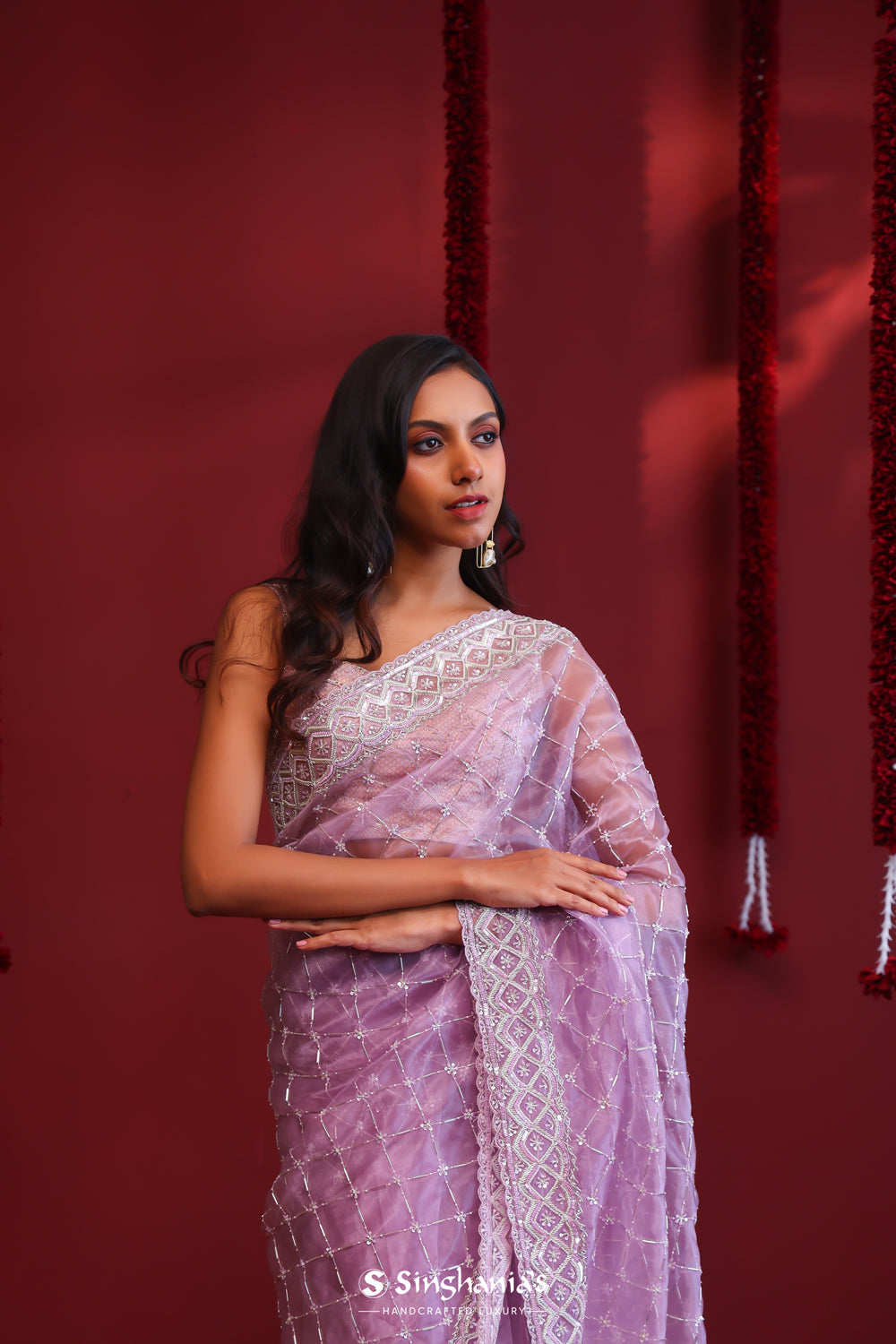 Periwinkle Purple Organza Saree With Hand Embroidery