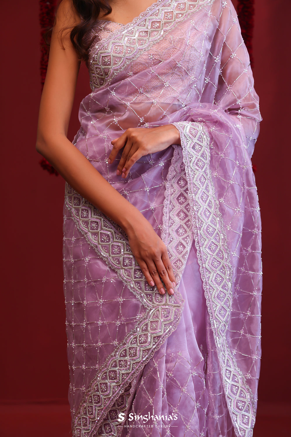 Periwinkle Purple Organza Saree With Hand Embroidery