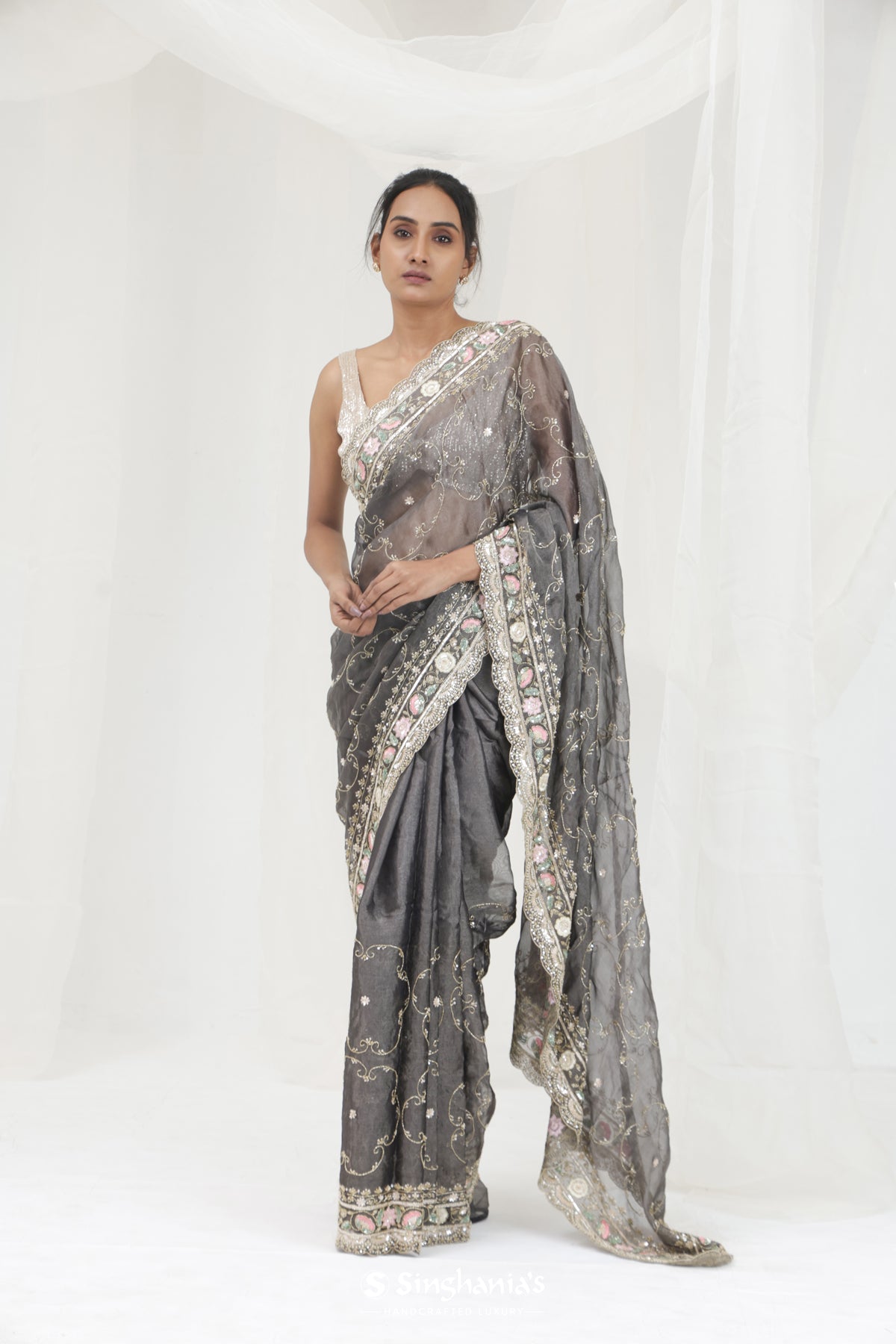 Abbey Black Tissue Saree With Hand Embroidery