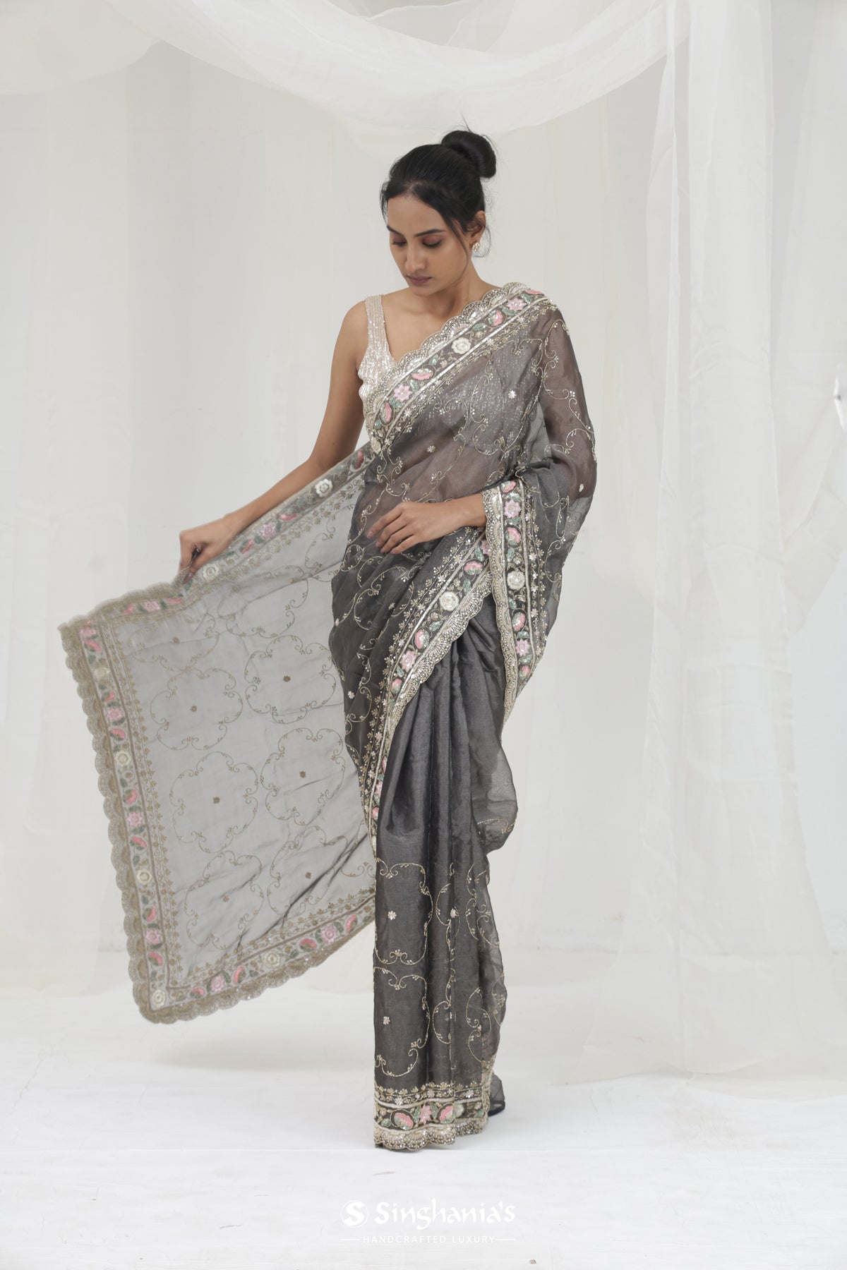 Abbey Black Tissue Saree With Hand Embroidery