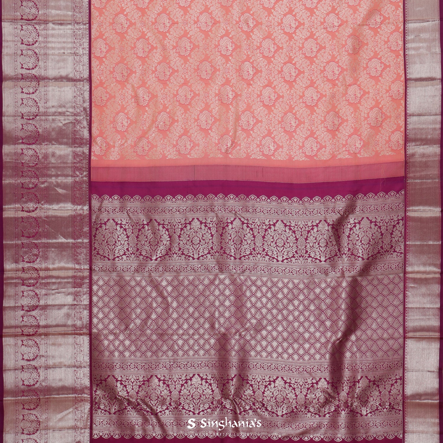 Dark Peach Kanjivaram Silk Saree With Floral Peacock Pattern