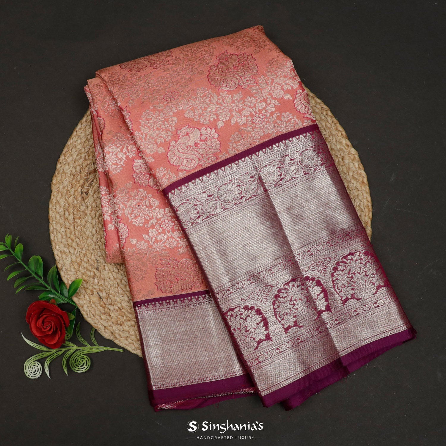 Dark Peach Kanjivaram Silk Saree With Floral Peacock Pattern