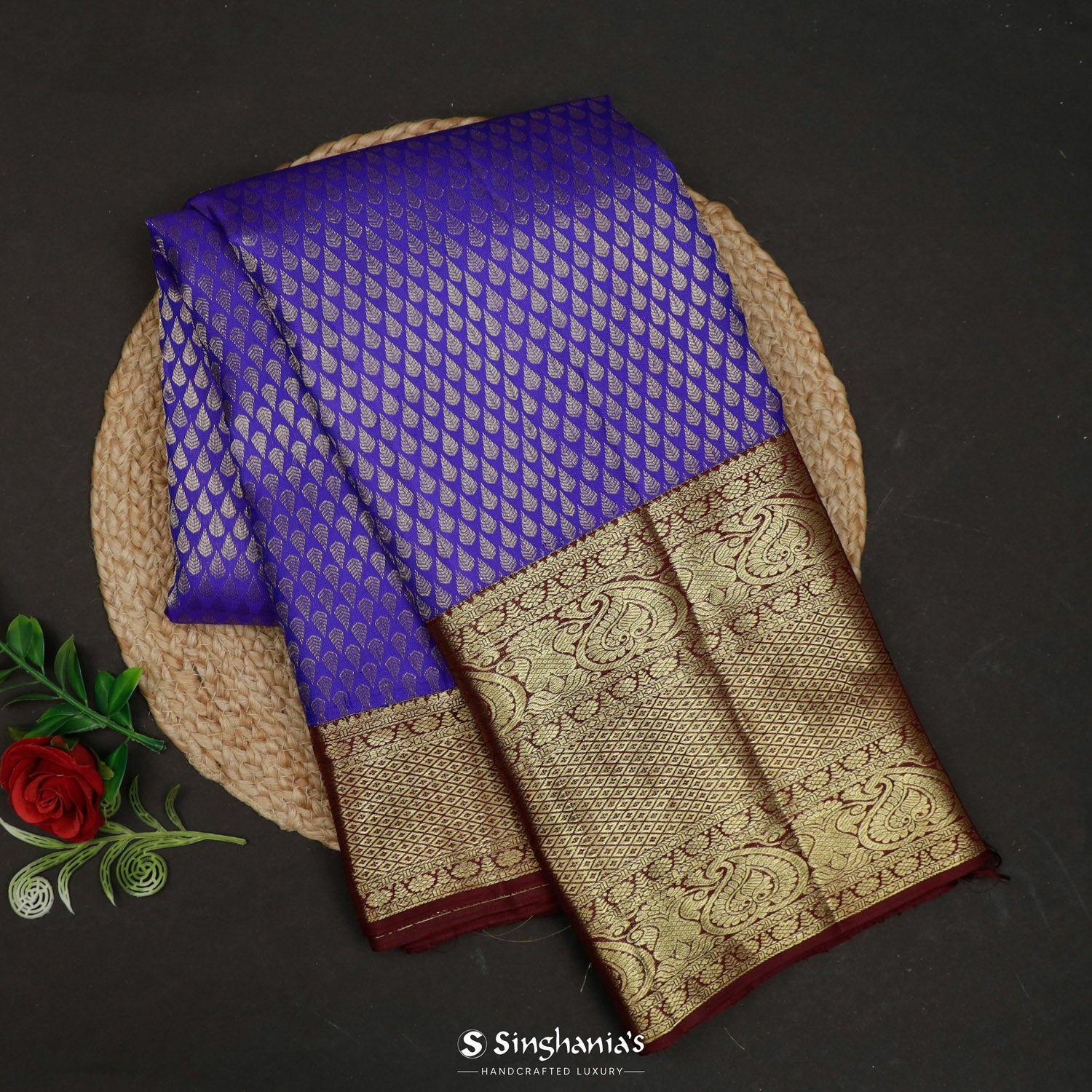 Dark Slate Blue Kanjivaram Silk Saree With Brocade Pattern