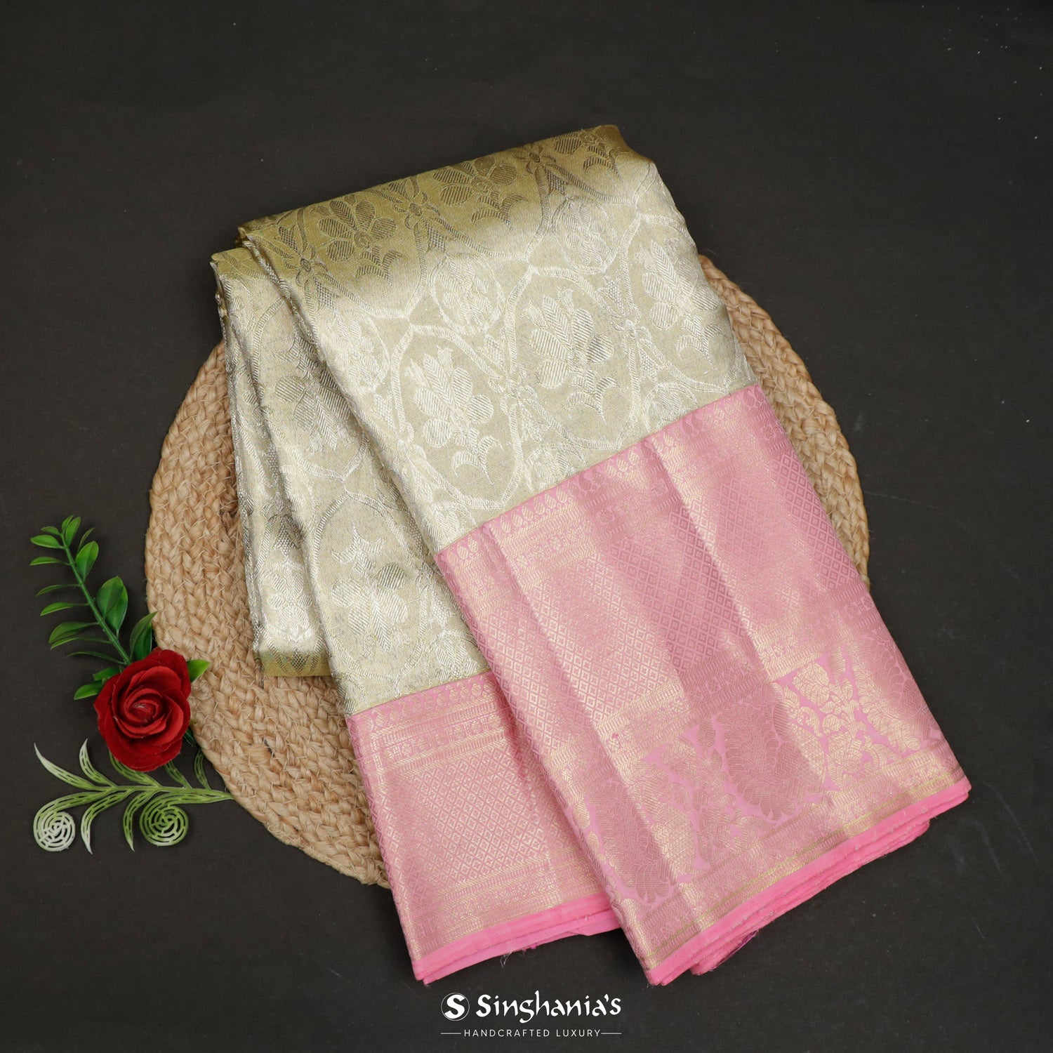 Vivid White Kanjivaram Silk Saree With Floral Butti Pattern