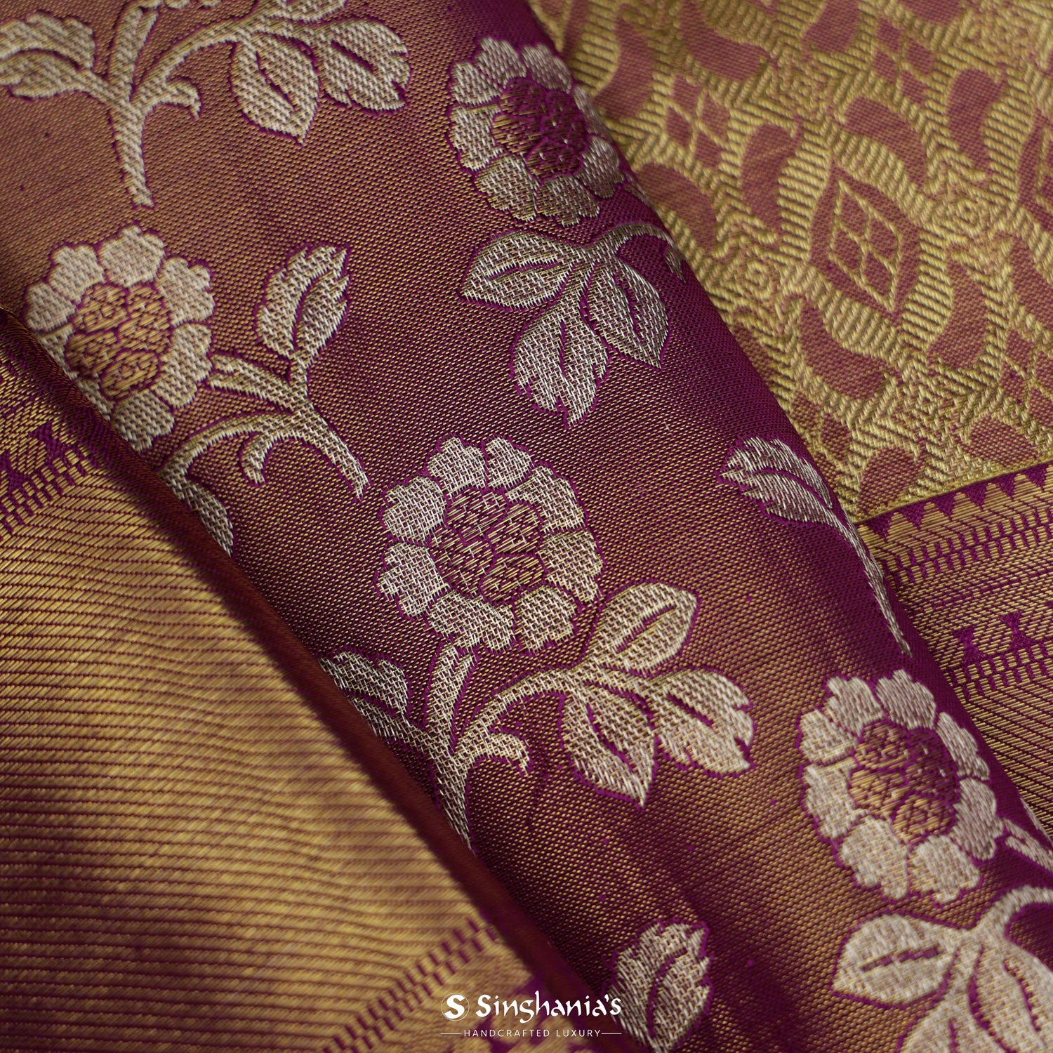 Goldish Purple Kanjivaram Silk Saree With Floral Jaal Pattern