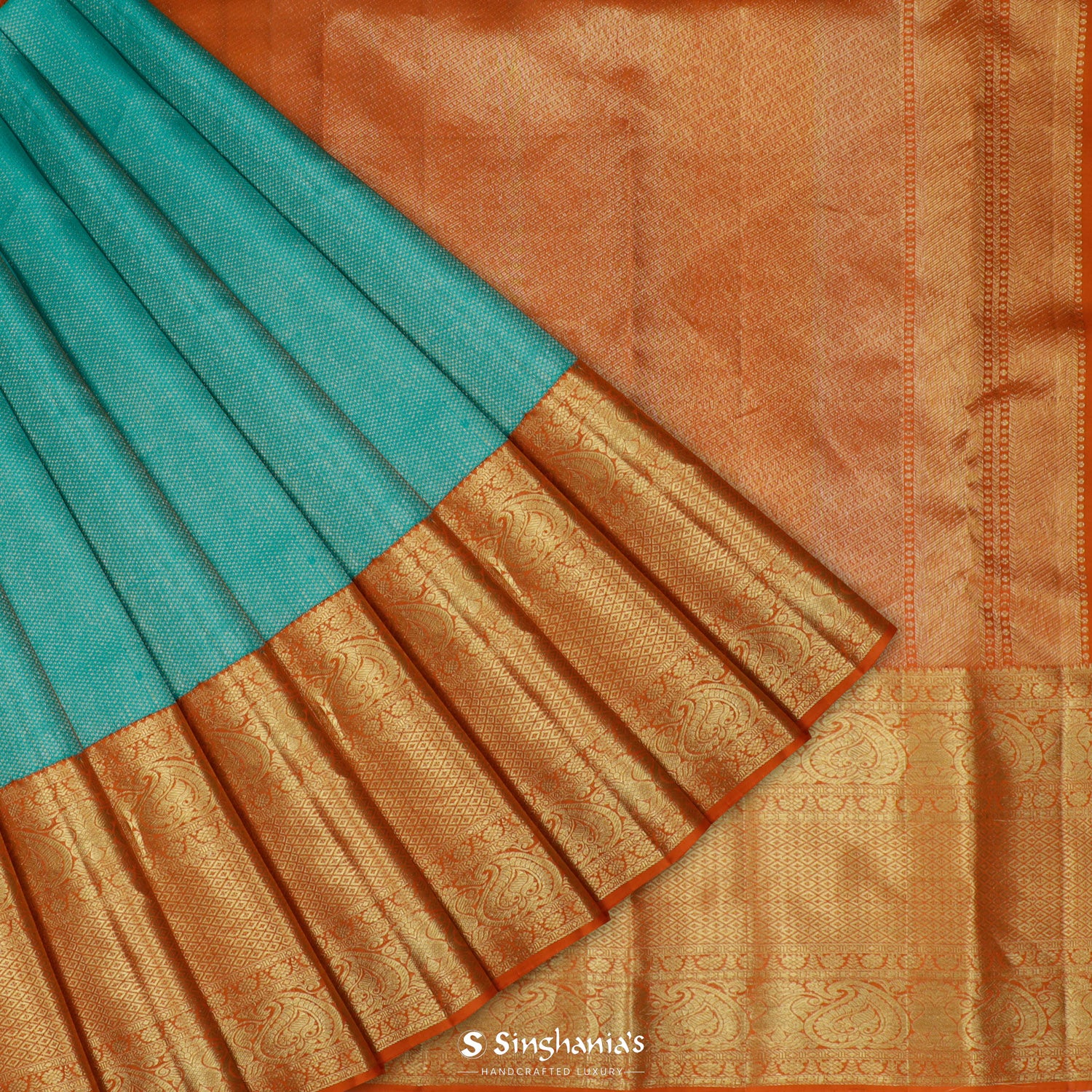 Deep Sky Blue Kanjivaram Silk Saree With Honeycomb Pattern