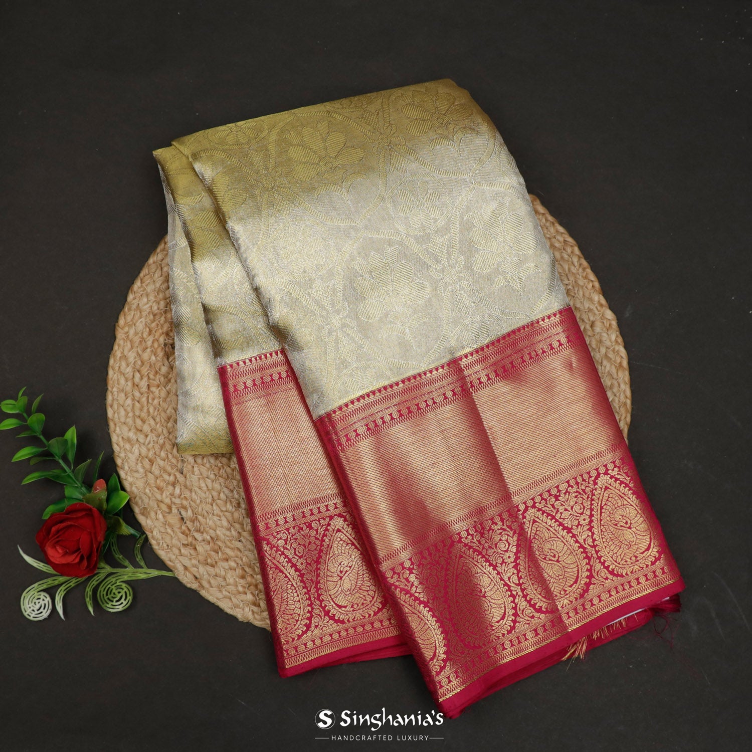 Photon White Kanjivaram Silk Saree With Floral Grid Pattern