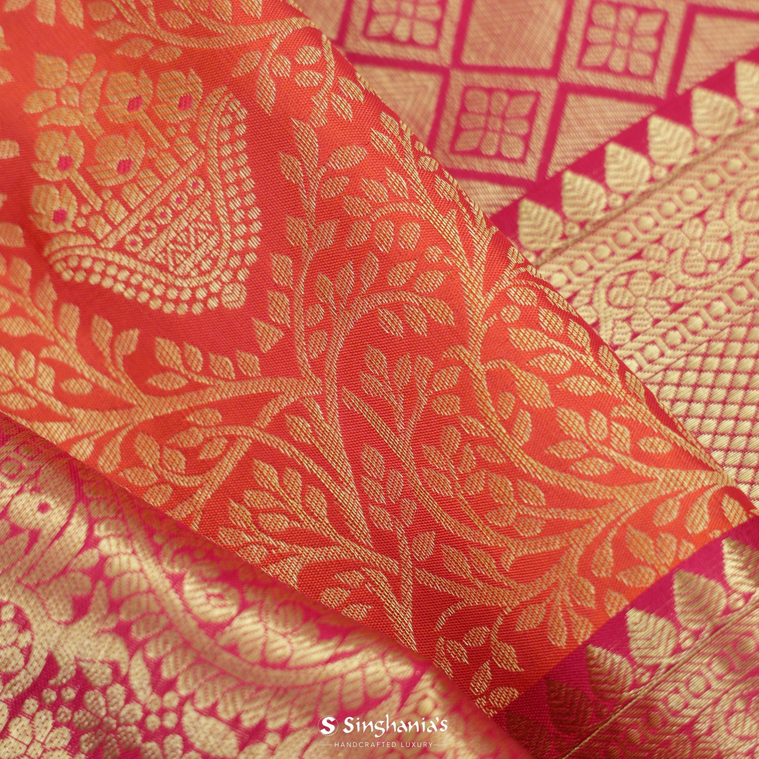 Outrageous Orange Kanjivaram Silk Saree With Floral Jaal Pattern