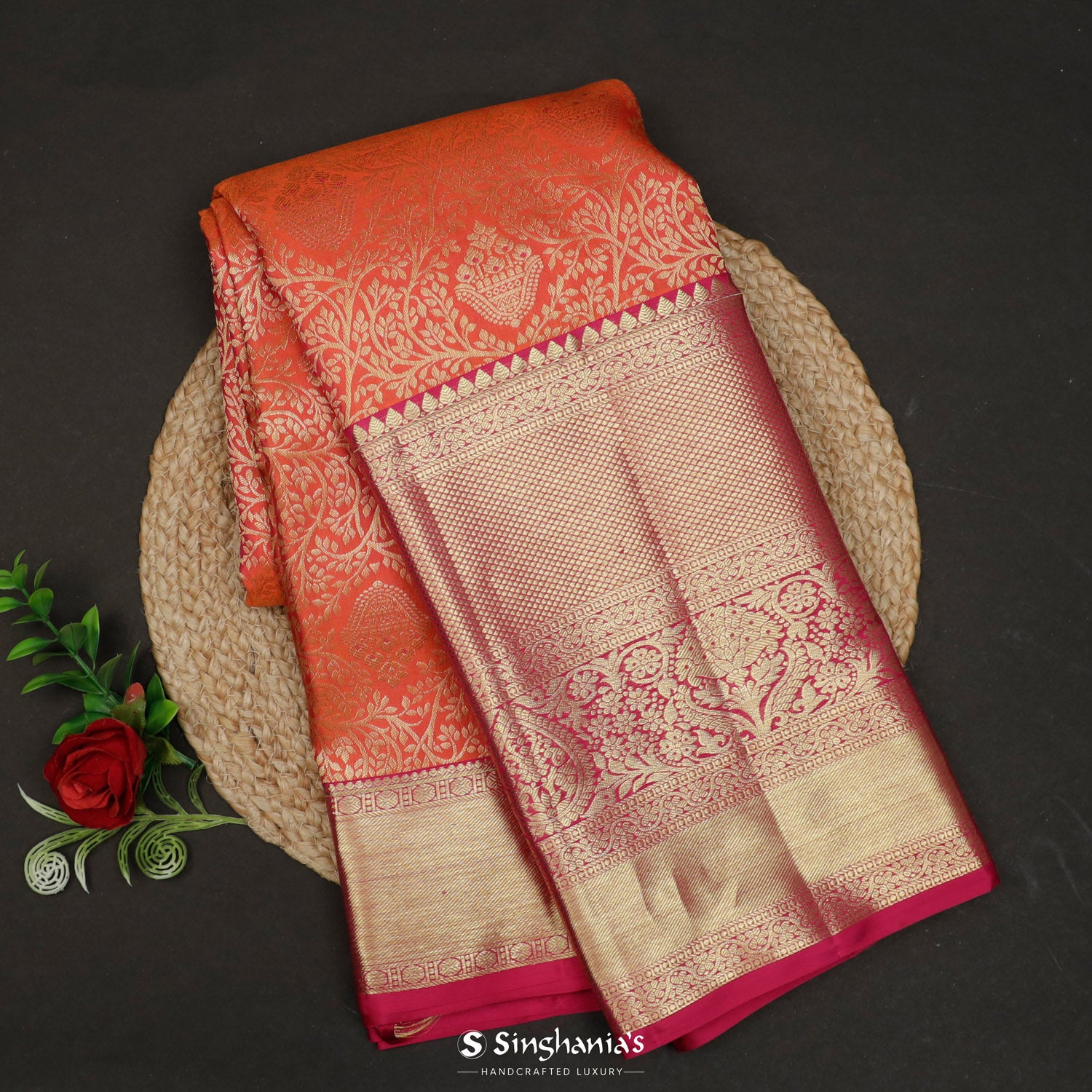 Outrageous Orange Kanjivaram Silk Saree With Floral Jaal Pattern