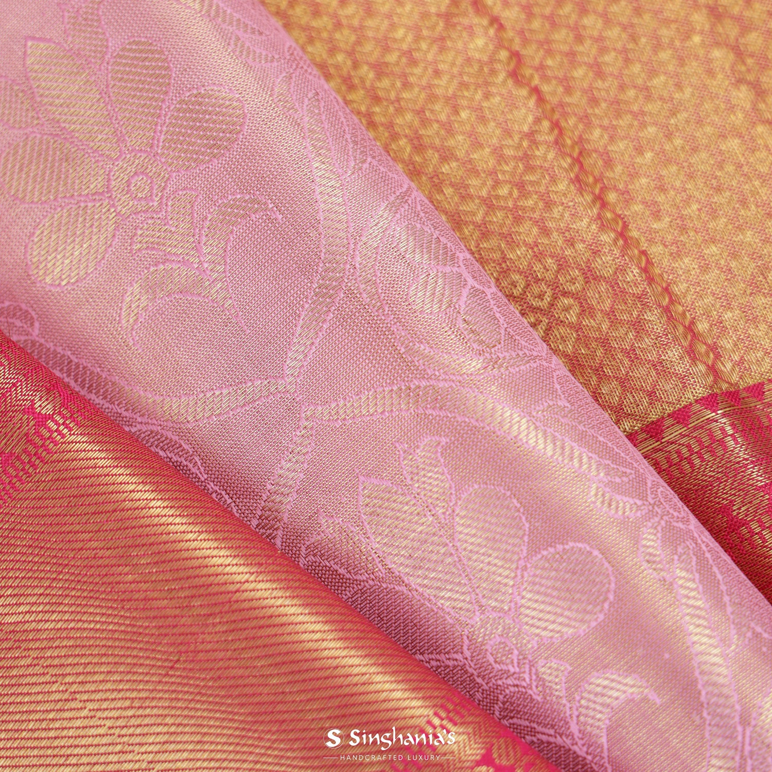 Old Rose Pink Kanjivaram Silk Saree With Floral Grid Pattern