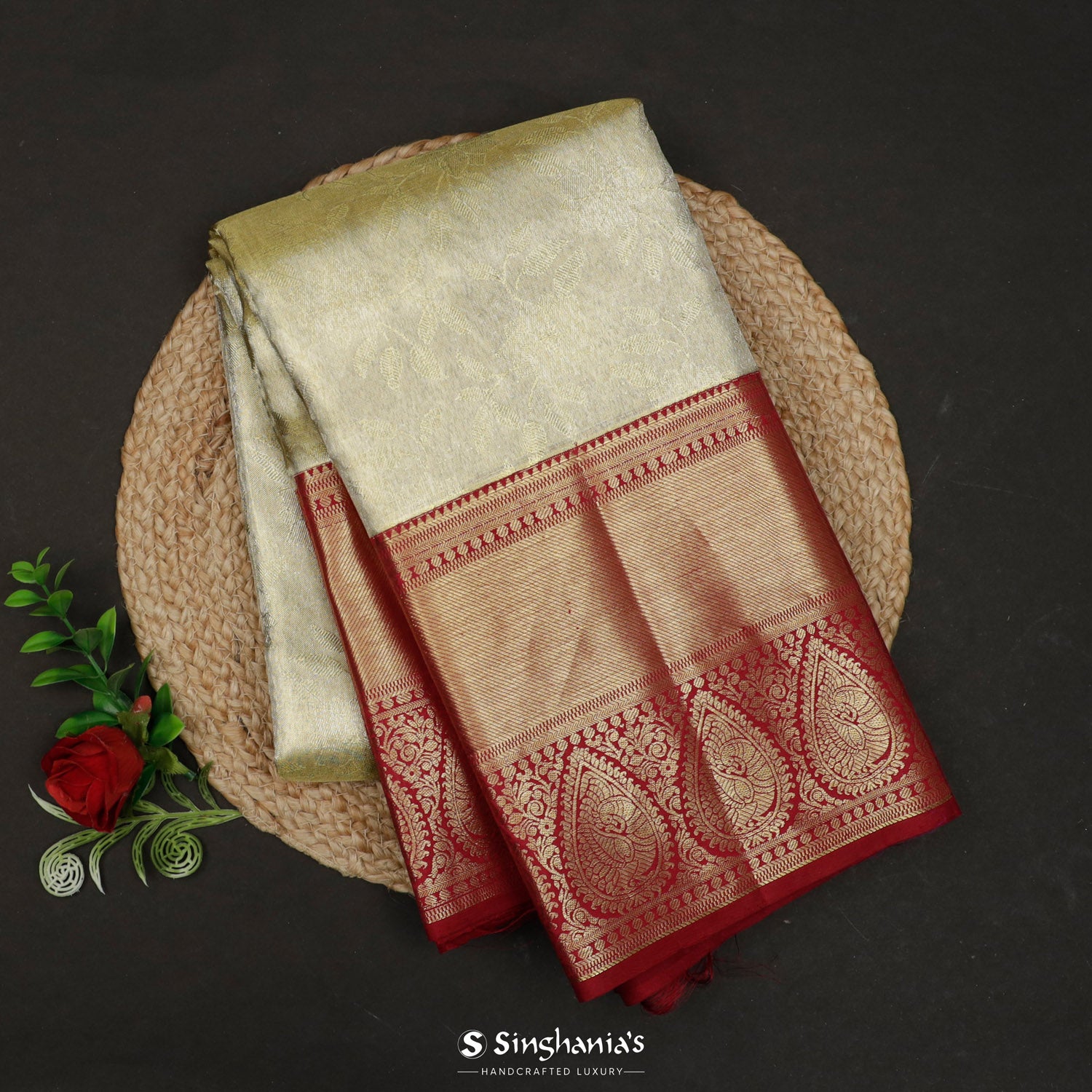 Warm Beige Kanjivaram Silk Saree With Floral Jaal Pattern