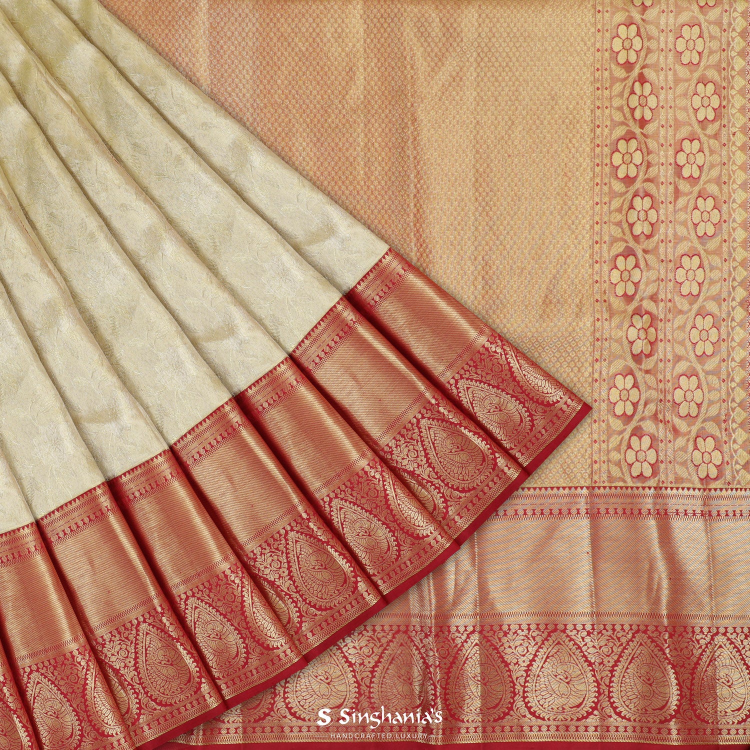 Warm Beige Kanjivaram Silk Saree With Floral Jaal Pattern