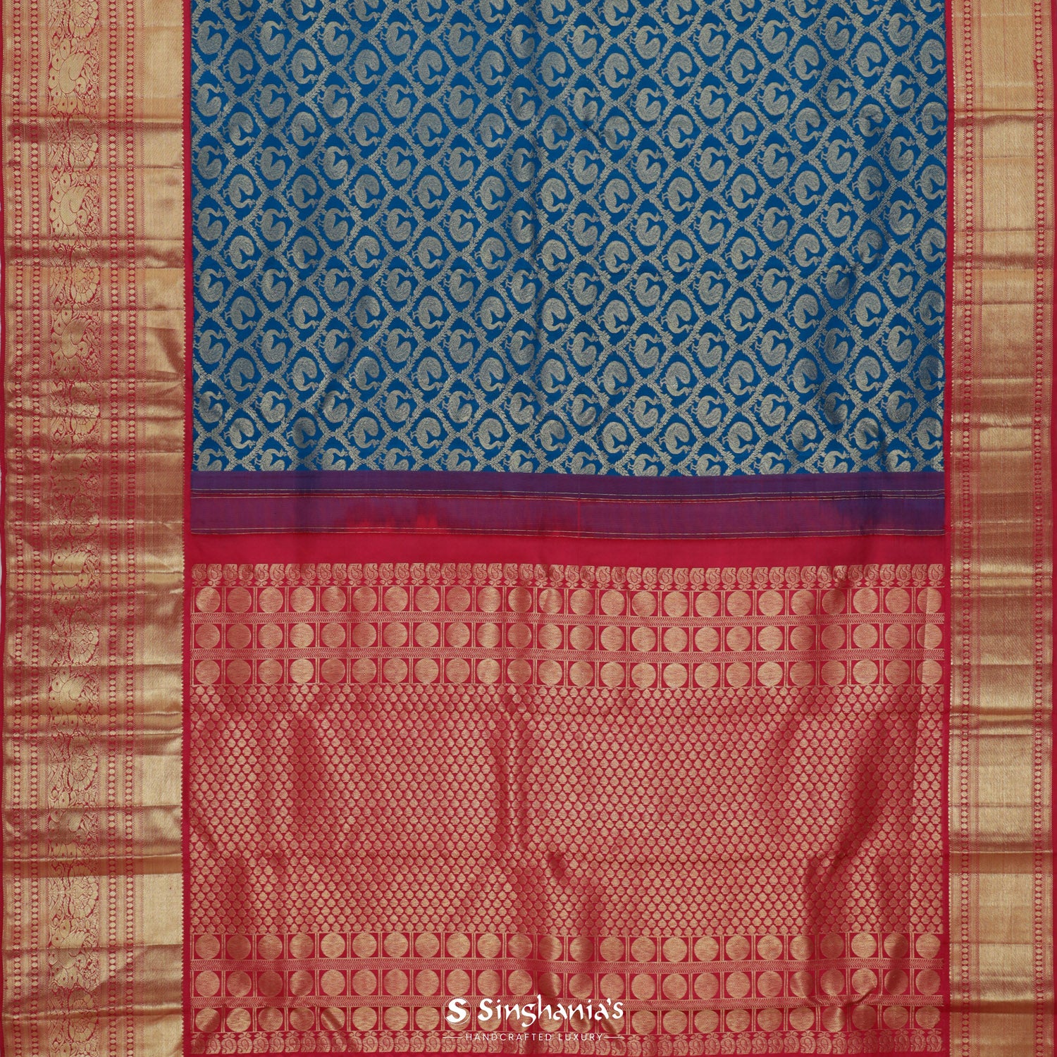 Lapis Blue Kanjivaram Silk Saree With Peacock Butti Pattern