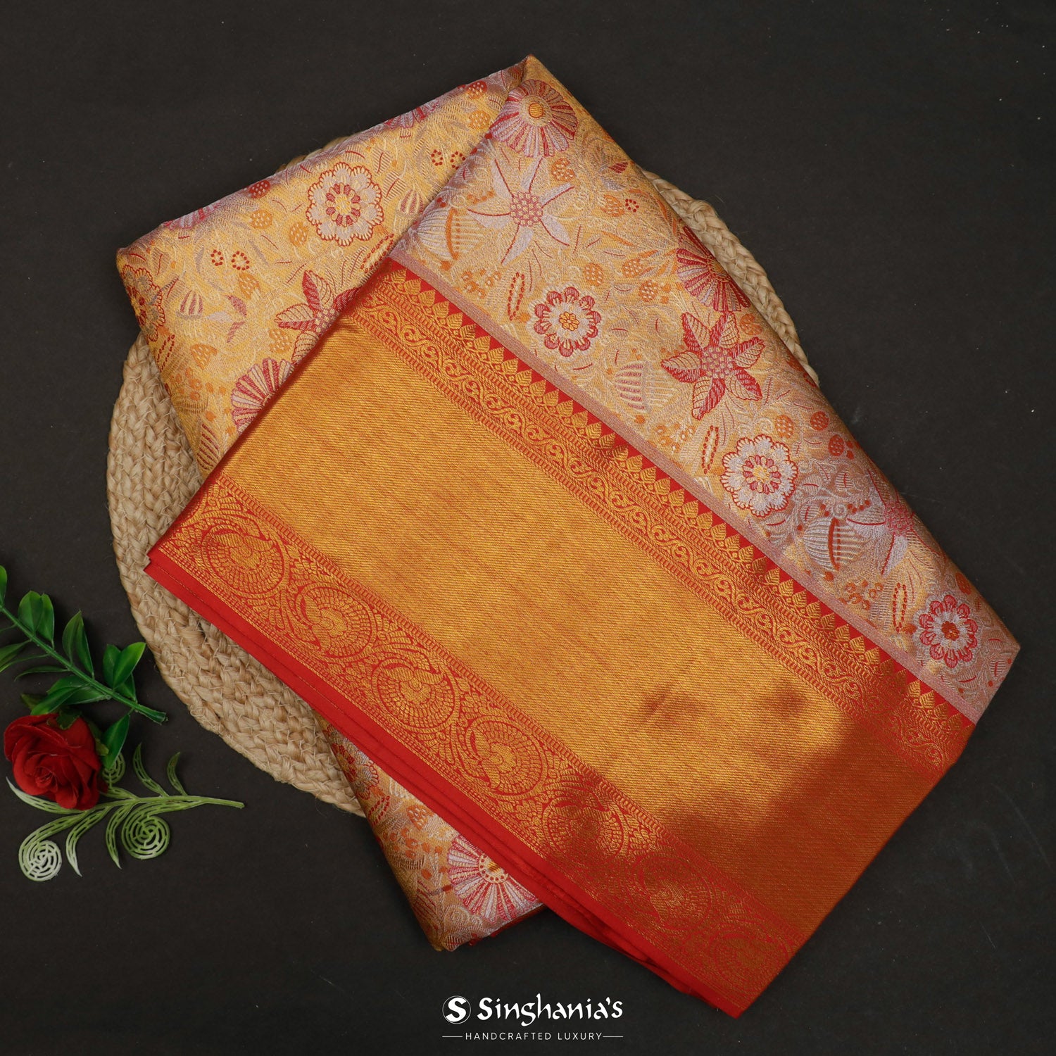 Goldish Yellow Kanjivaram Silk Saree With Floral Jaal Pattern