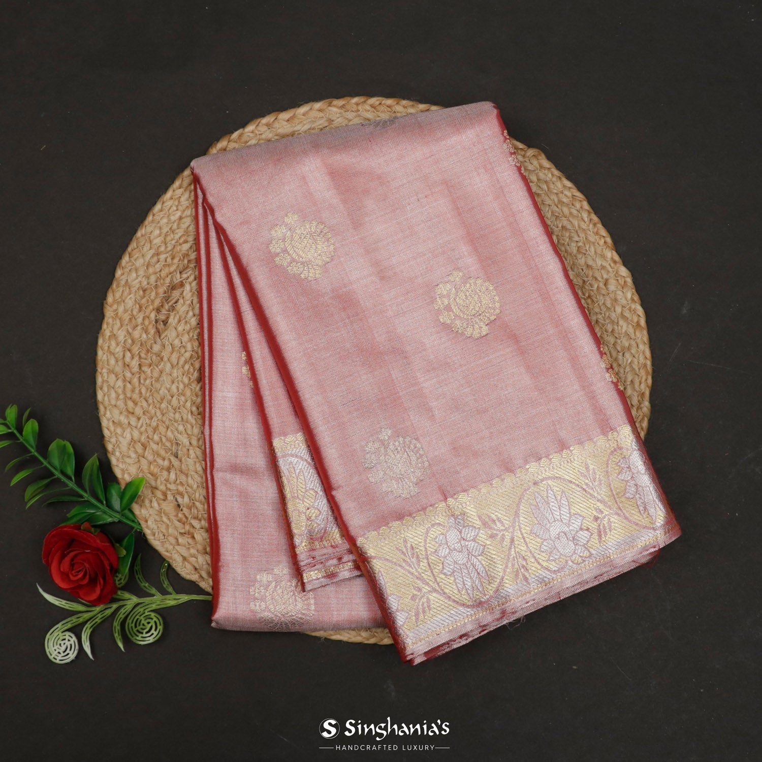 Onion Pink Kanjivaram Silk Saree With Floral Butti Pattern