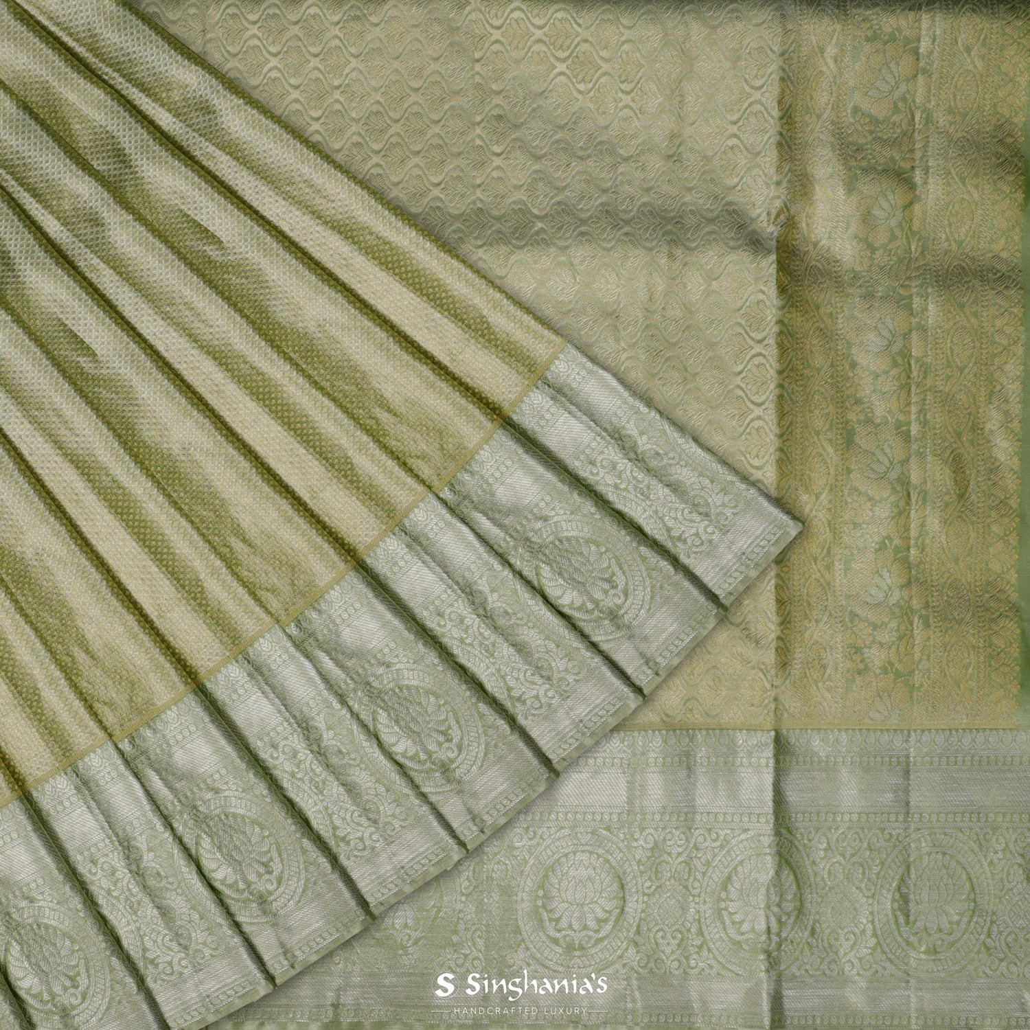 Pale Green Kanjivaram Silk Saree With Honeycomb Pattern