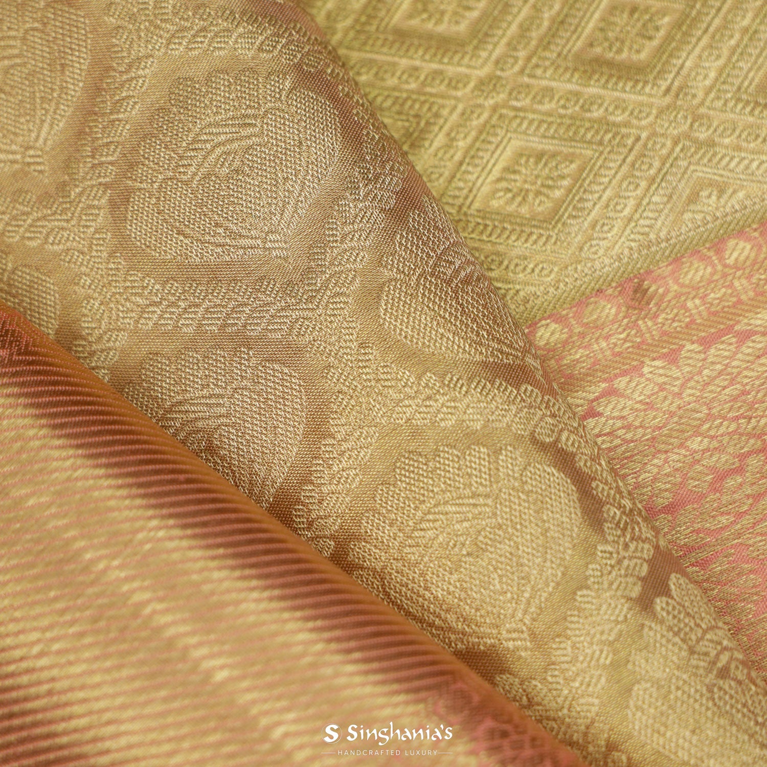 Pale Yellow Gold Kanjivaram Silk Saree With Floral Ogive Pattern