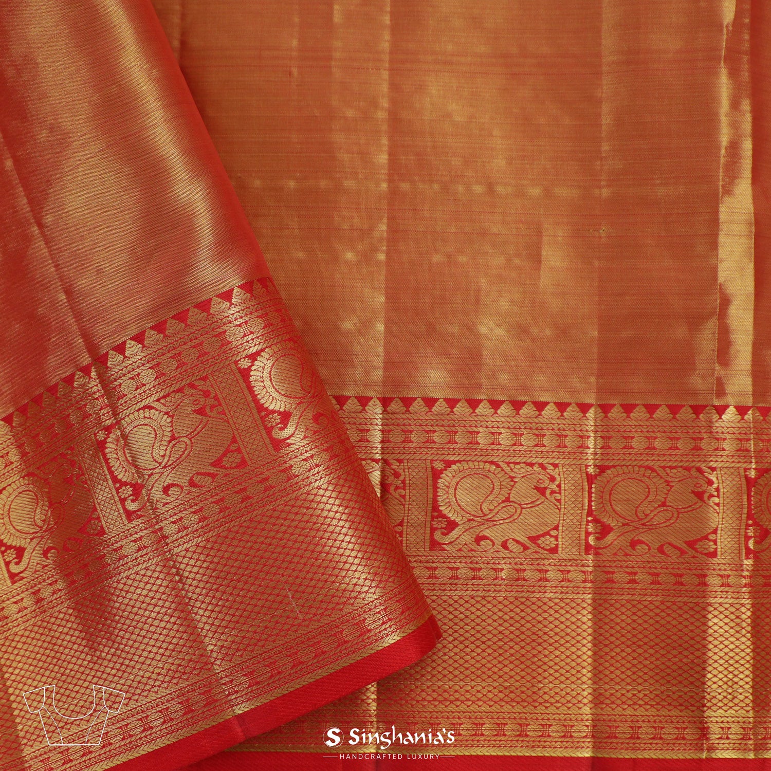 Yellowish Red Kanjivaram Silk Saree With Floral Jaal Pattern