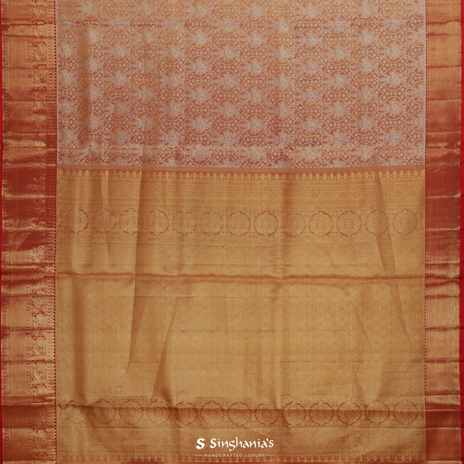 Yellowish Red Kanjivaram Silk Saree With Floral Jaal Pattern