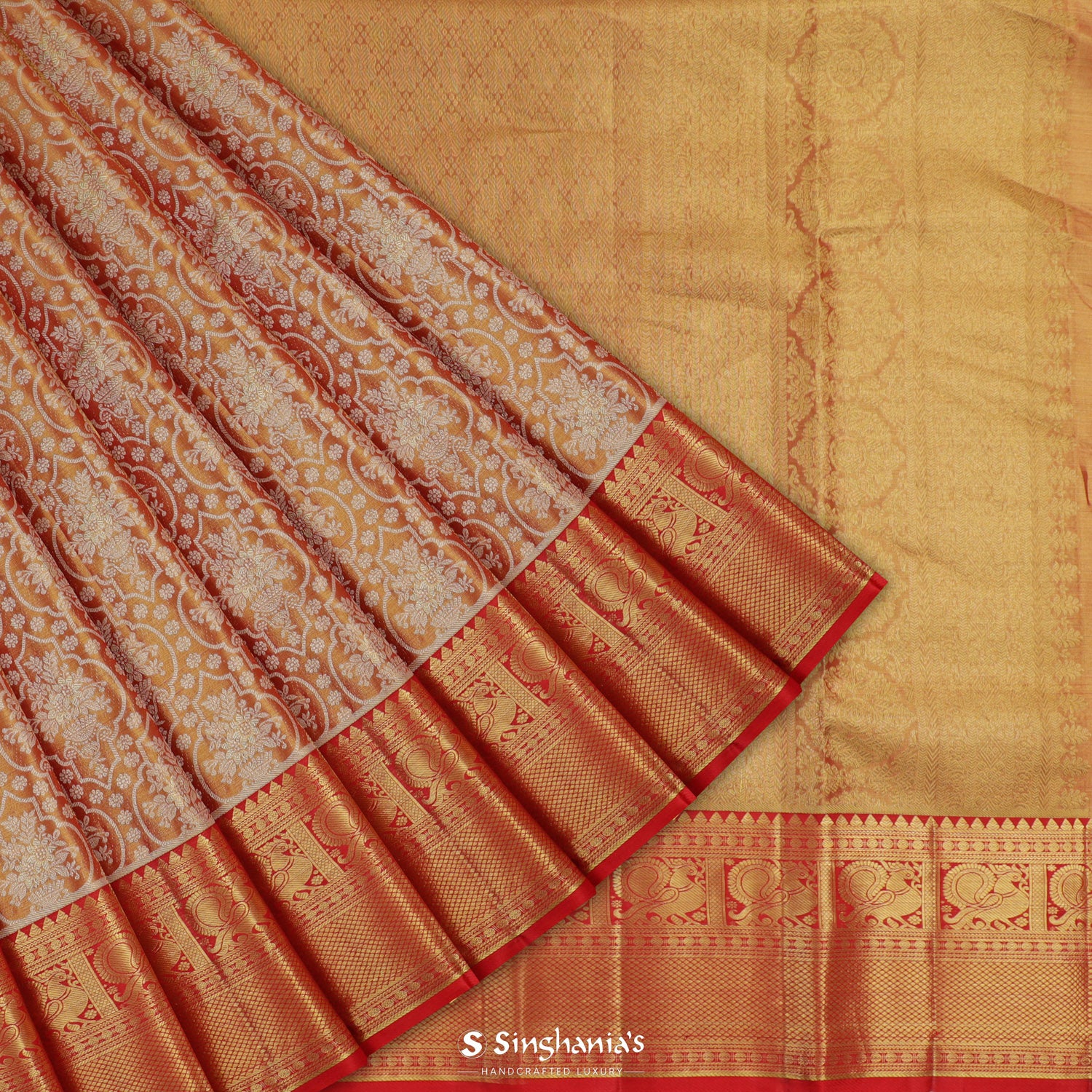 Yellowish Red Kanjivaram Silk Saree With Floral Jaal Pattern