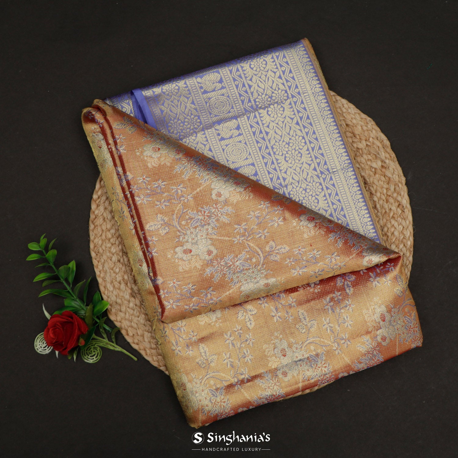 Calm Orange Kanjivaram Silk Saree With Floral Jaal Pattern